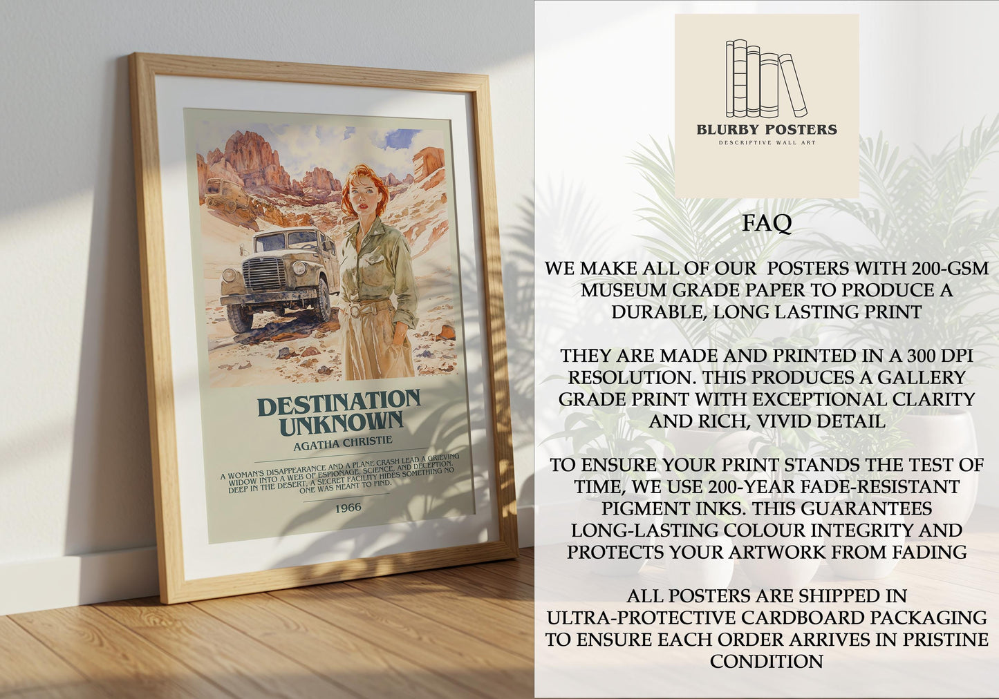 Destination Unknown by Agatha Christie Descriptive Poster Print. Free Delivery Wall Art Author & Blurb Book Artwork Novel Gift