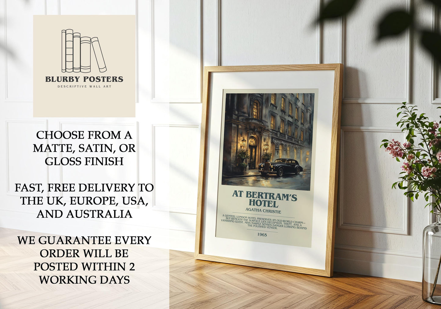 At Bertram's Hotel by Agatha Christie Descriptive Poster Print. Free Delivery Wall Art Author & Blurb Book Artwork Novel