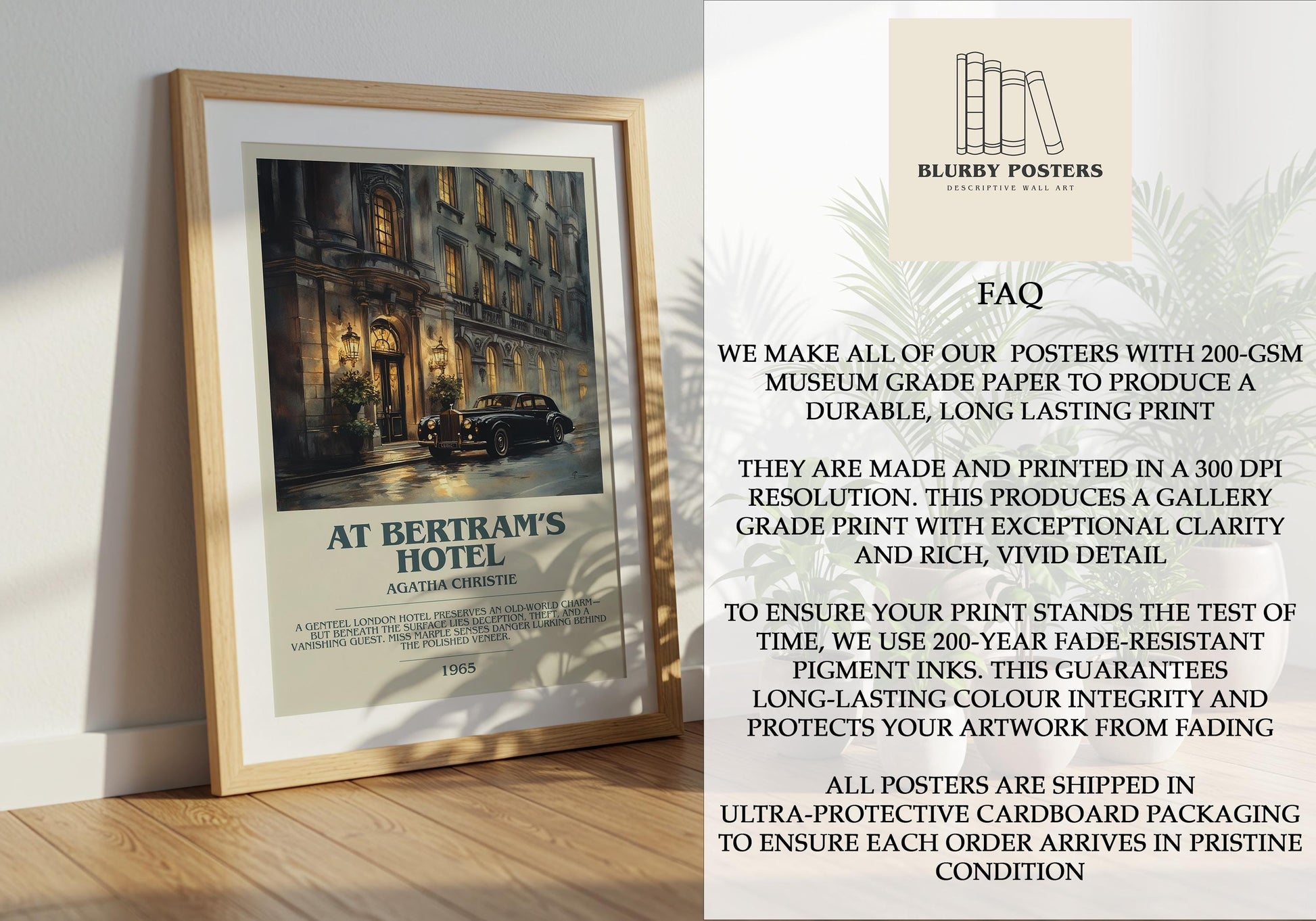 At Bertram's Hotel by Agatha Christie Descriptive Poster Print. Free Delivery Wall Art Author & Blurb Book Artwork Novel