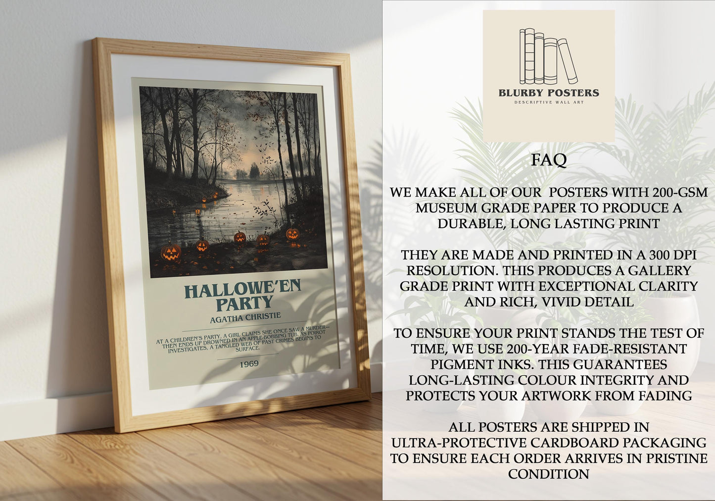 Halloween Party by Agatha Christie Descriptive Poster Print. Free Delivery Wall Art Author & Blurb Book Artwork Novel