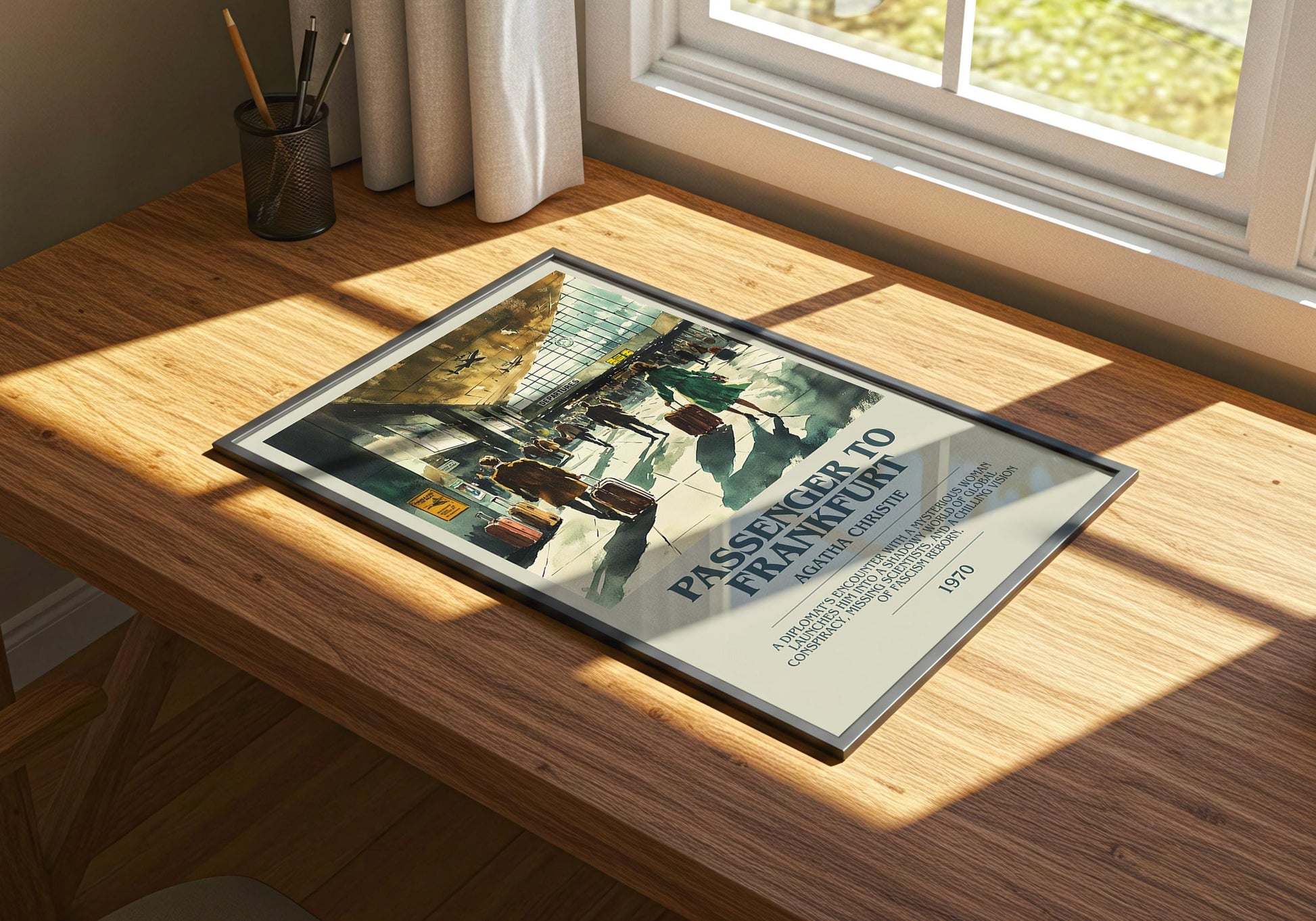 Passenger To Frankfurt by Agatha Christie Descriptive Poster Print. Free Delivery Wall Art Author & Blurb Book Artwork Novel