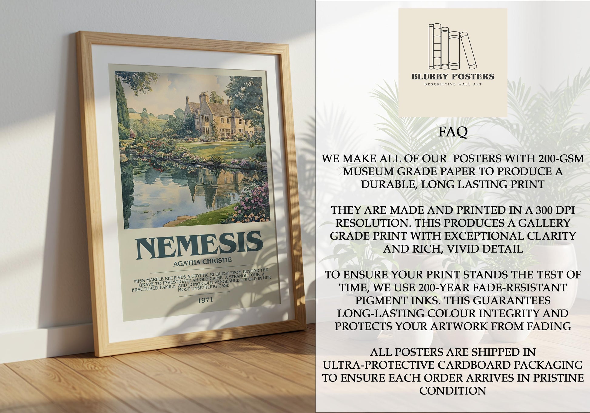 Nemesis by Agatha Christie Descriptive Poster Print. Free Delivery Wall Art Author & Blurb Book Artwork Novel