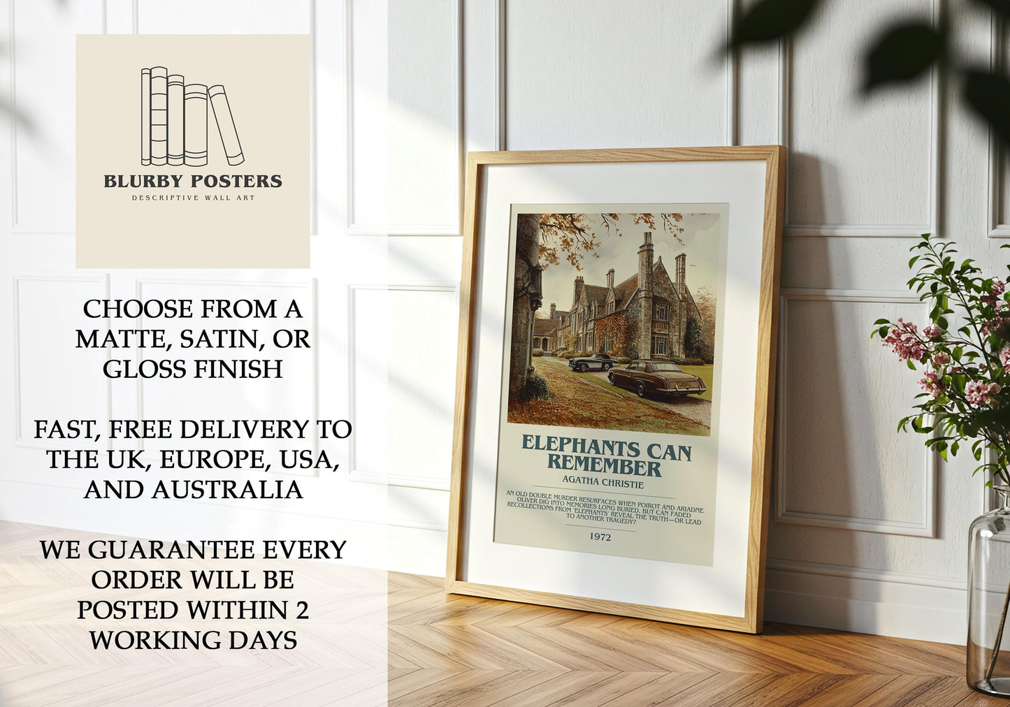Elephants Can Remember by Agatha Christie Descriptive Poster Print. Free Delivery Wall Art Author & Blurb Book Artwork Novel
