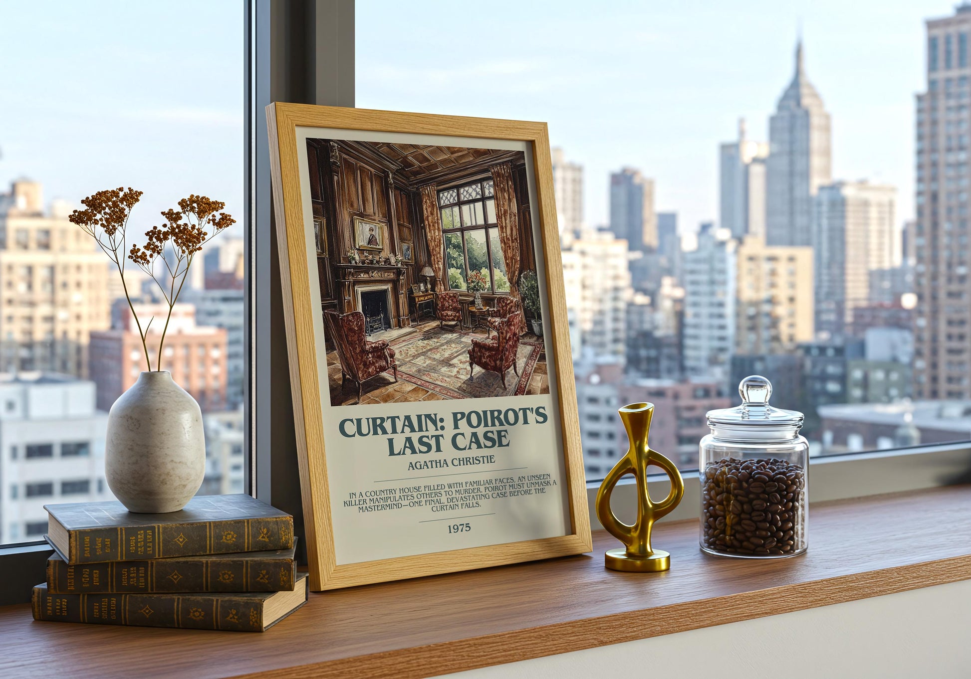 Curtain: Poirot's Last Case by Agatha Christie Descriptive Poster Print. Free Delivery Wall Art Author & Blurb Book Artwork Novel