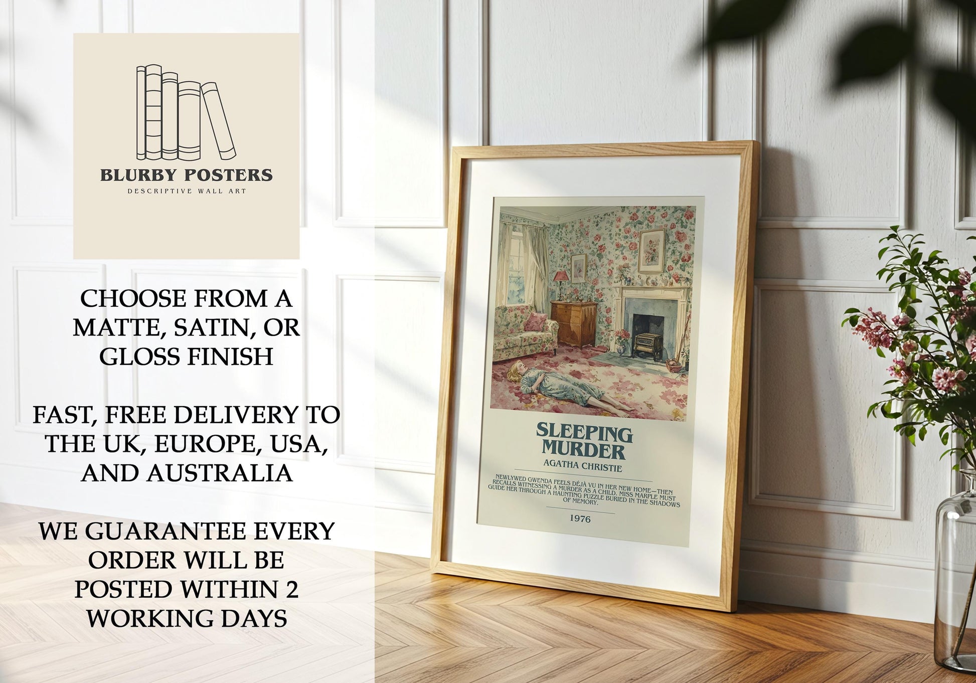 Sleeping Murder by Agatha Christie Descriptive Poster Print. Free Delivery Wall Art Author & Blurb Book Artwork Novel