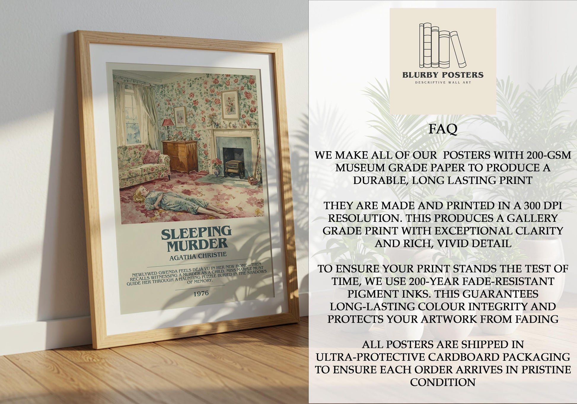 Sleeping Murder by Agatha Christie Descriptive Poster Print. Free Delivery Wall Art Author & Blurb Book Artwork Novel