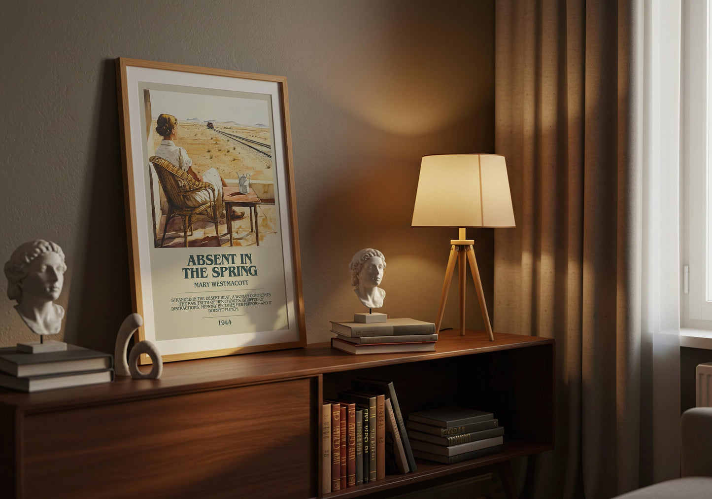 Absent In The Spring by Mary Westmacott Descriptive Poster Print. Free Delivery Wall Art Author & Blurb Book Artwork Novel