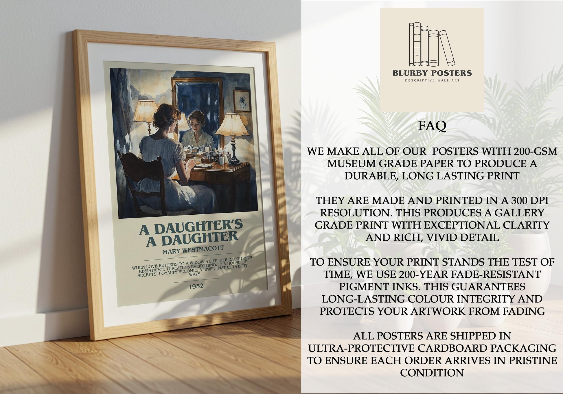 A Daughters A Daughter by Mary Westmacott Descriptive Poster Print. Free Delivery Wall Art Author & Blurb Book Artwork Novel