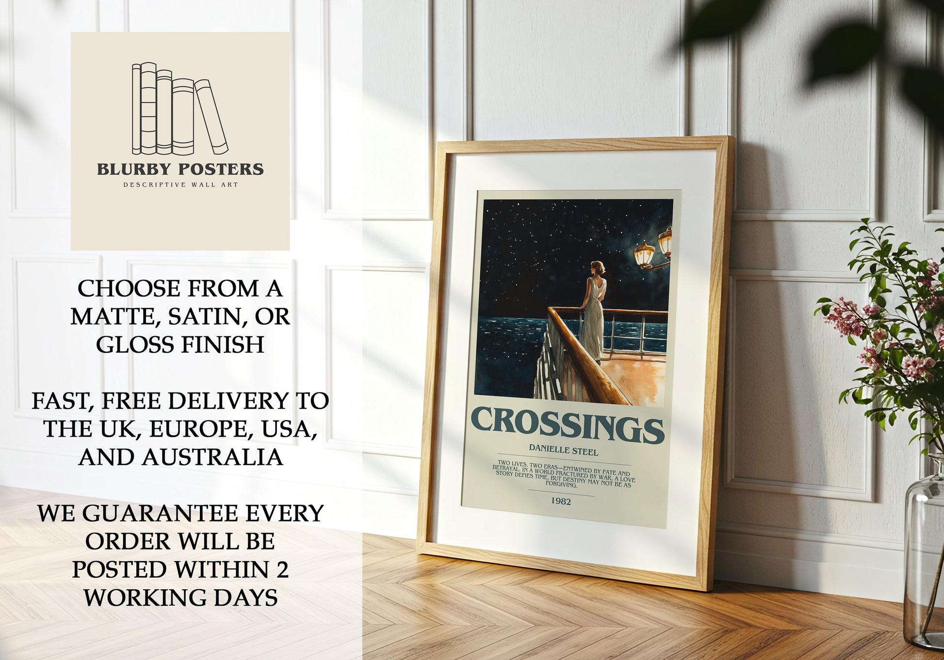 Crossings by Danielle Steel Descriptive Poster Print. Free Delivery Wall Art Author & Blurb Book Artwork Novel