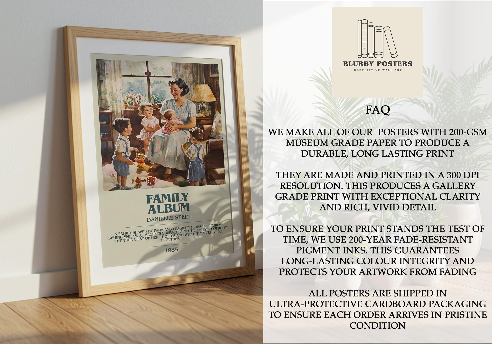 Family Album by Danielle Steel Descriptive Poster Print. Free Delivery Wall Art Author & Blurb Book Artwork Novel
