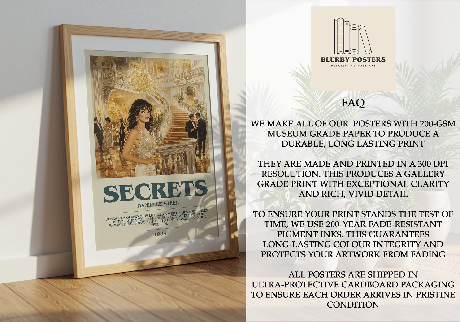 Secrets by Danielle Steel Descriptive Poster Print. Free Delivery Wall Art Author & Blurb Book Artwork Novel