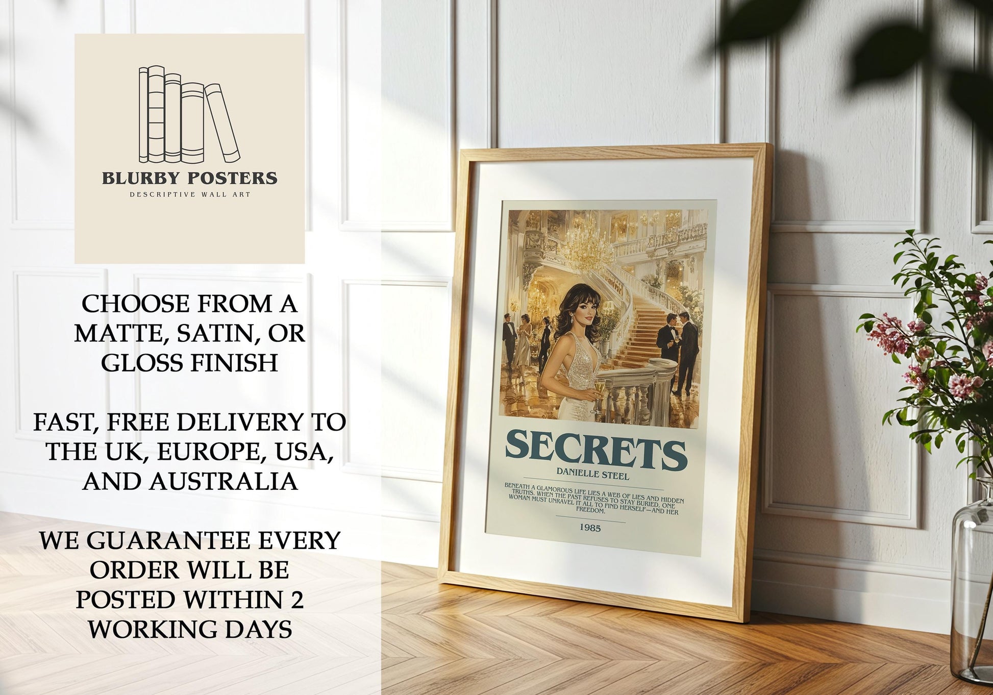 Secrets by Danielle Steel Descriptive Poster Print. Free Delivery Wall Art Author & Blurb Book Artwork Novel