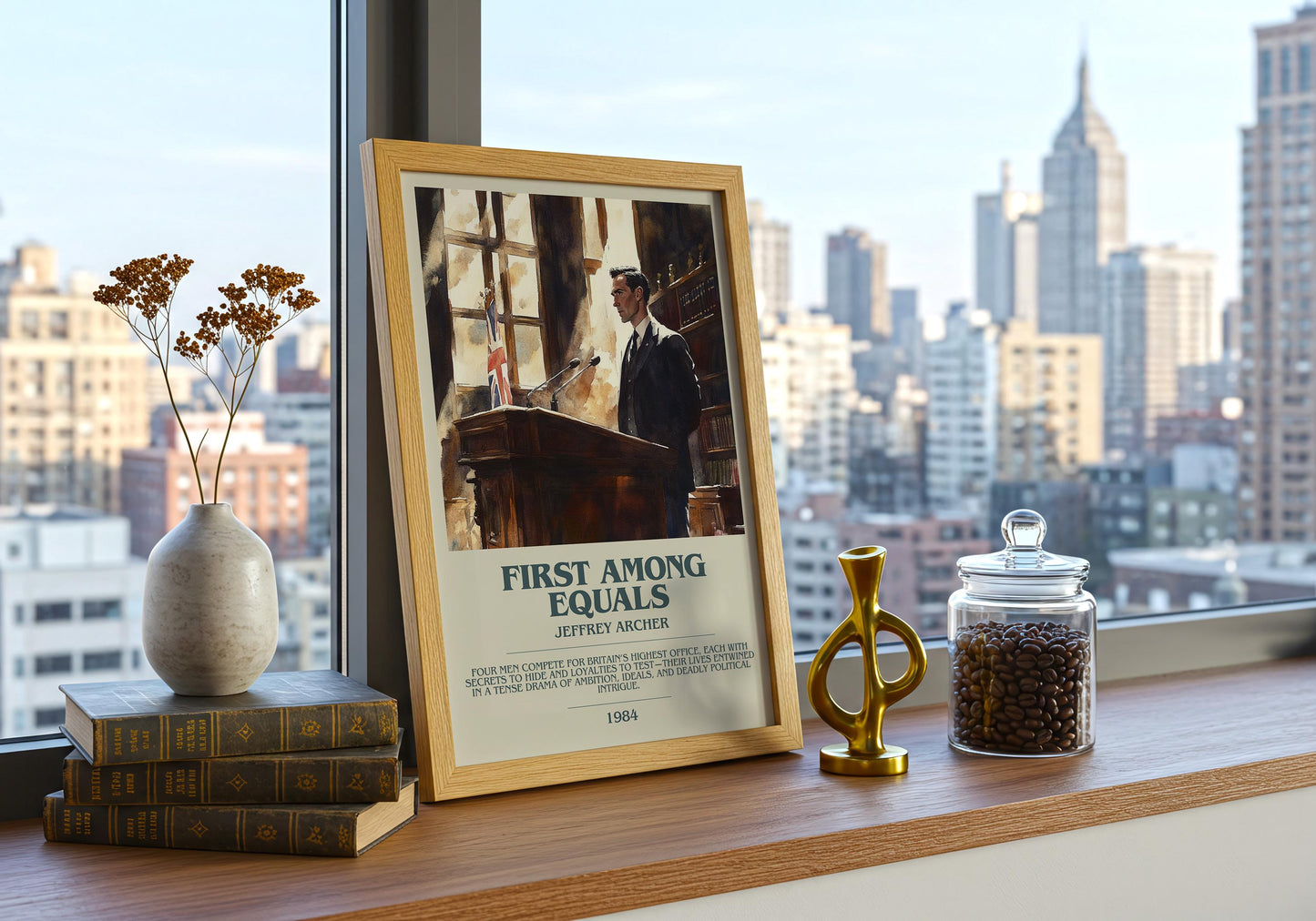 First Among Equals by Jeffrey Archer Descriptive Poster Print. Free Delivery Wall Art Author & Blurb Book Artwork Novel