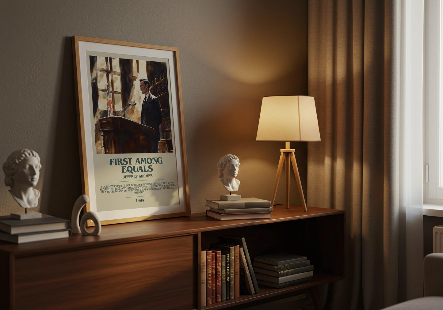 First Among Equals by Jeffrey Archer Descriptive Poster Print. Free Delivery Wall Art Author & Blurb Book Artwork Novel