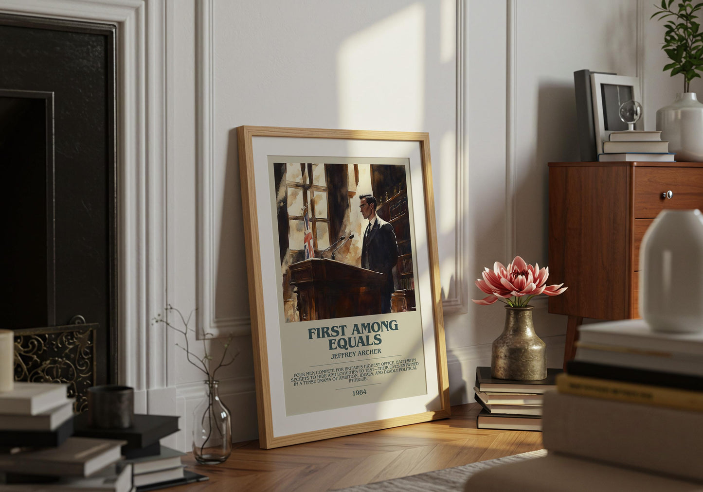 First Among Equals by Jeffrey Archer Descriptive Poster Print. Free Delivery Wall Art Author & Blurb Book Artwork Novel