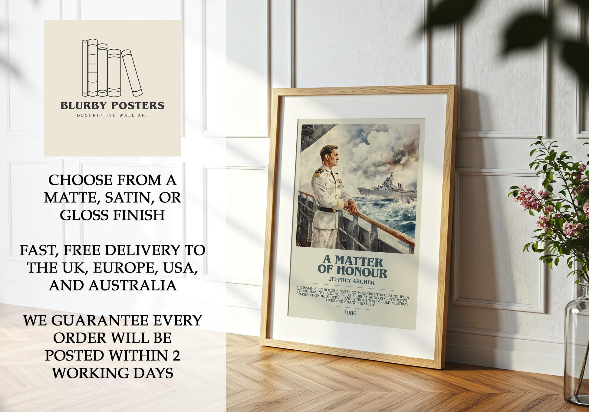 A Matter Of Honour by Jeffrey Archer Descriptive Poster Print. Free Delivery Wall Art Author & Blurb Book Artwork Novel
