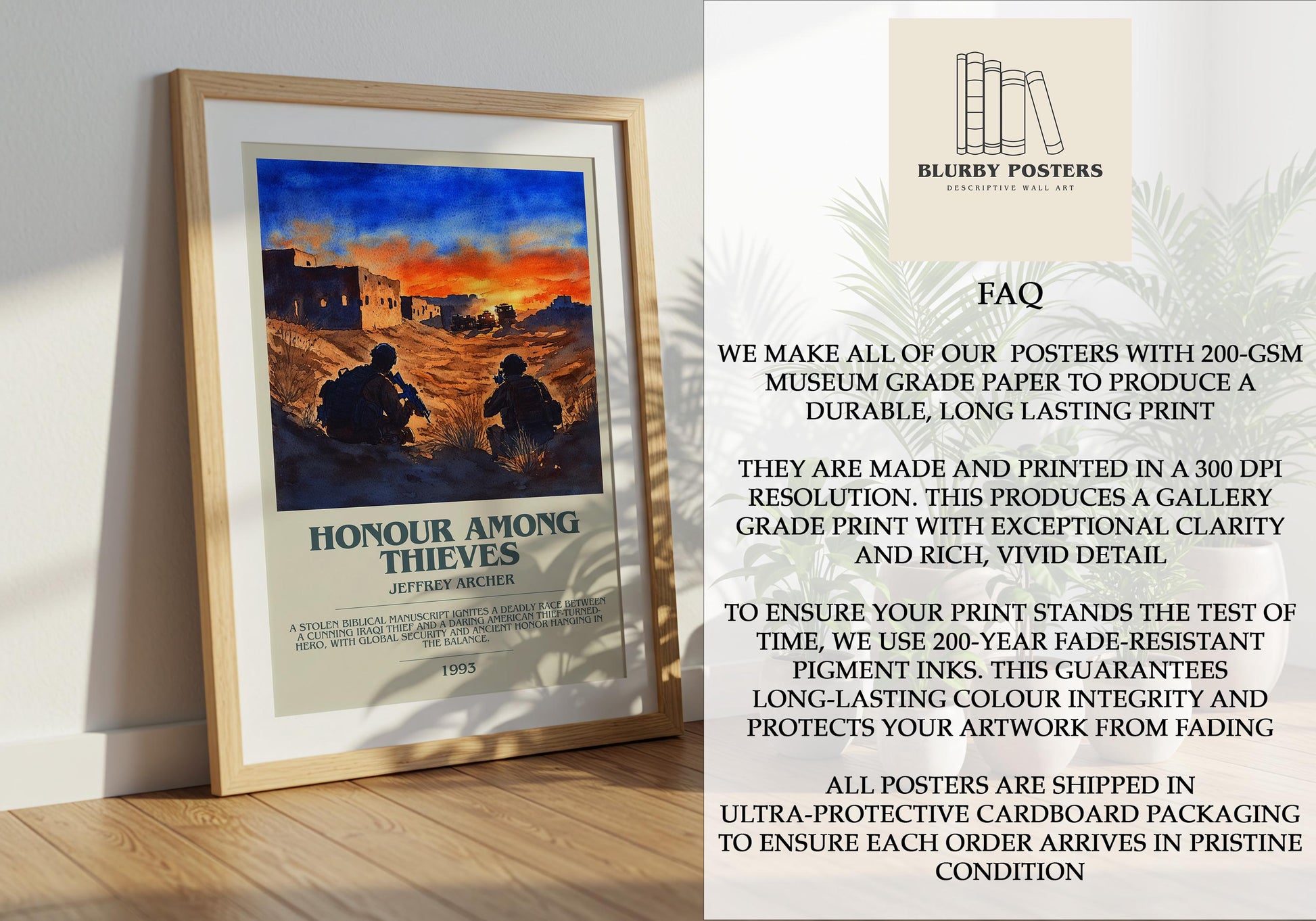 Honour Among Thieves by Jeffrey Archer Descriptive Poster Print. Free Delivery Wall Art Author & Blurb Book Artwork Novel