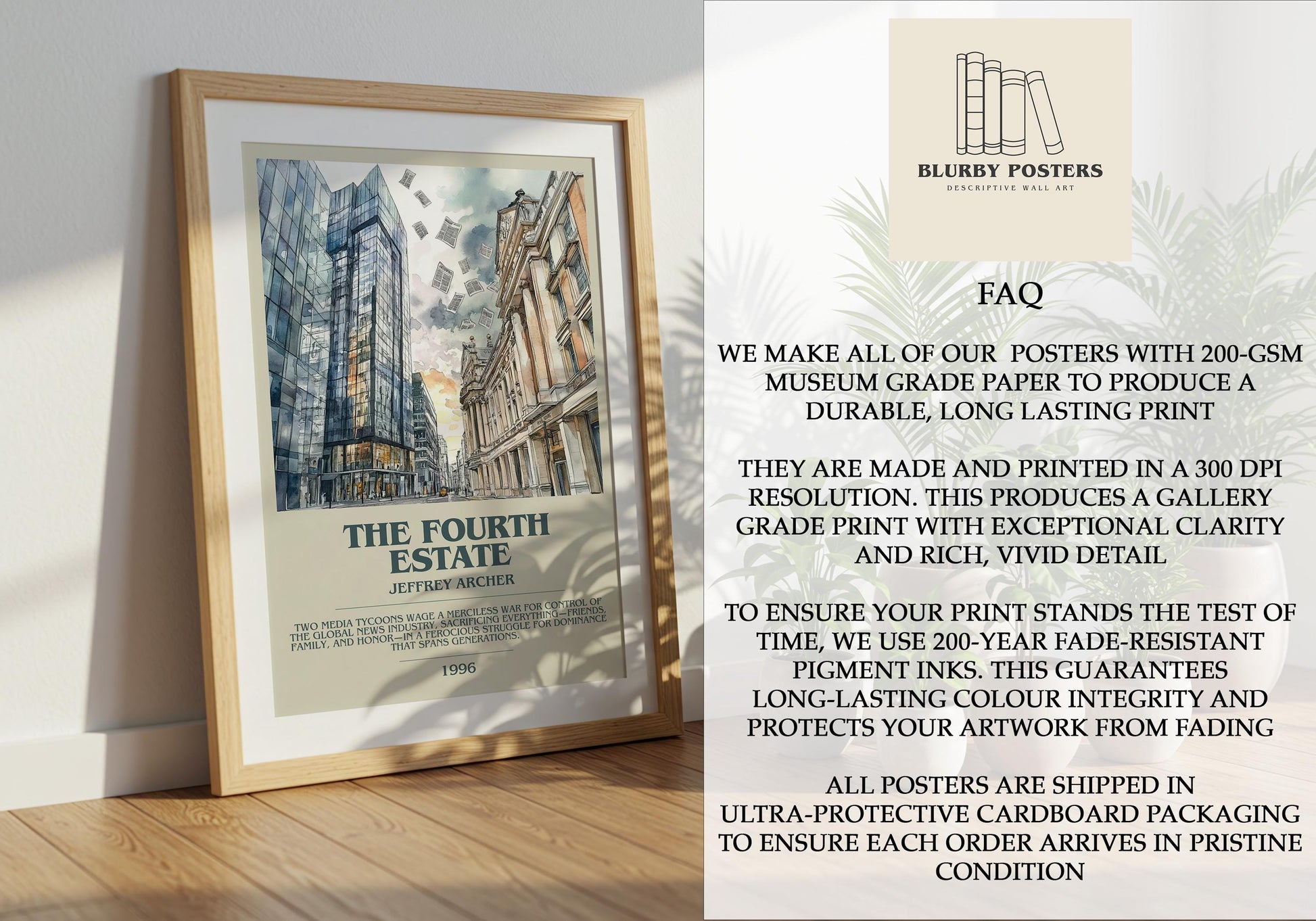 The Fourth Estate by Jeffrey Archer Descriptive Poster Print. Free Delivery Wall Art Author & Blurb Book Artwork Novel