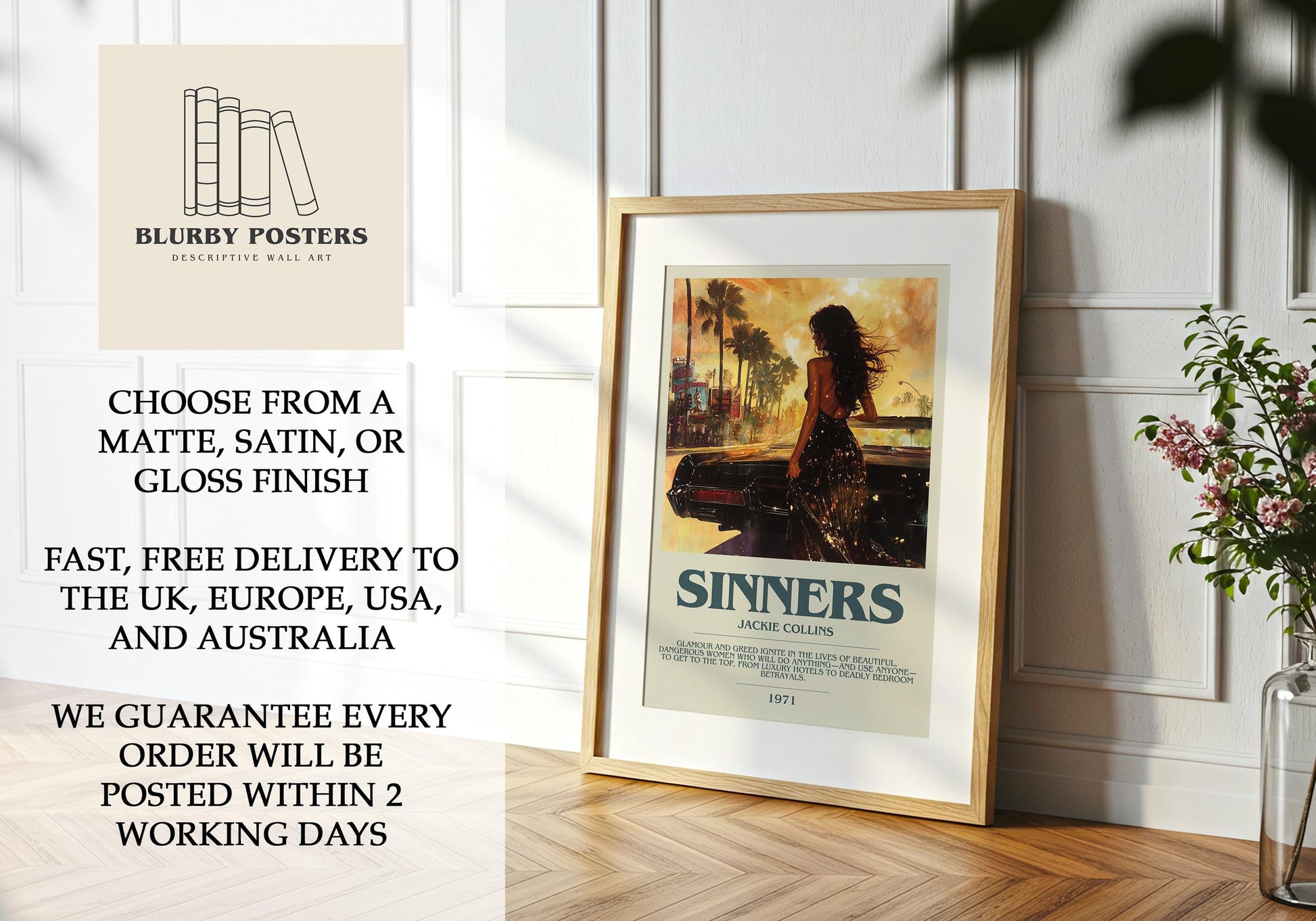 Sinners by Jackie Collins Descriptive Poster Print. Free Delivery Wall Art Author & Blurb Book Artwork Novel