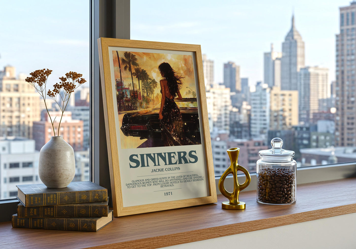 Sinners by Jackie Collins Descriptive Poster Print. Free Delivery Wall Art Author & Blurb Book Artwork Novel