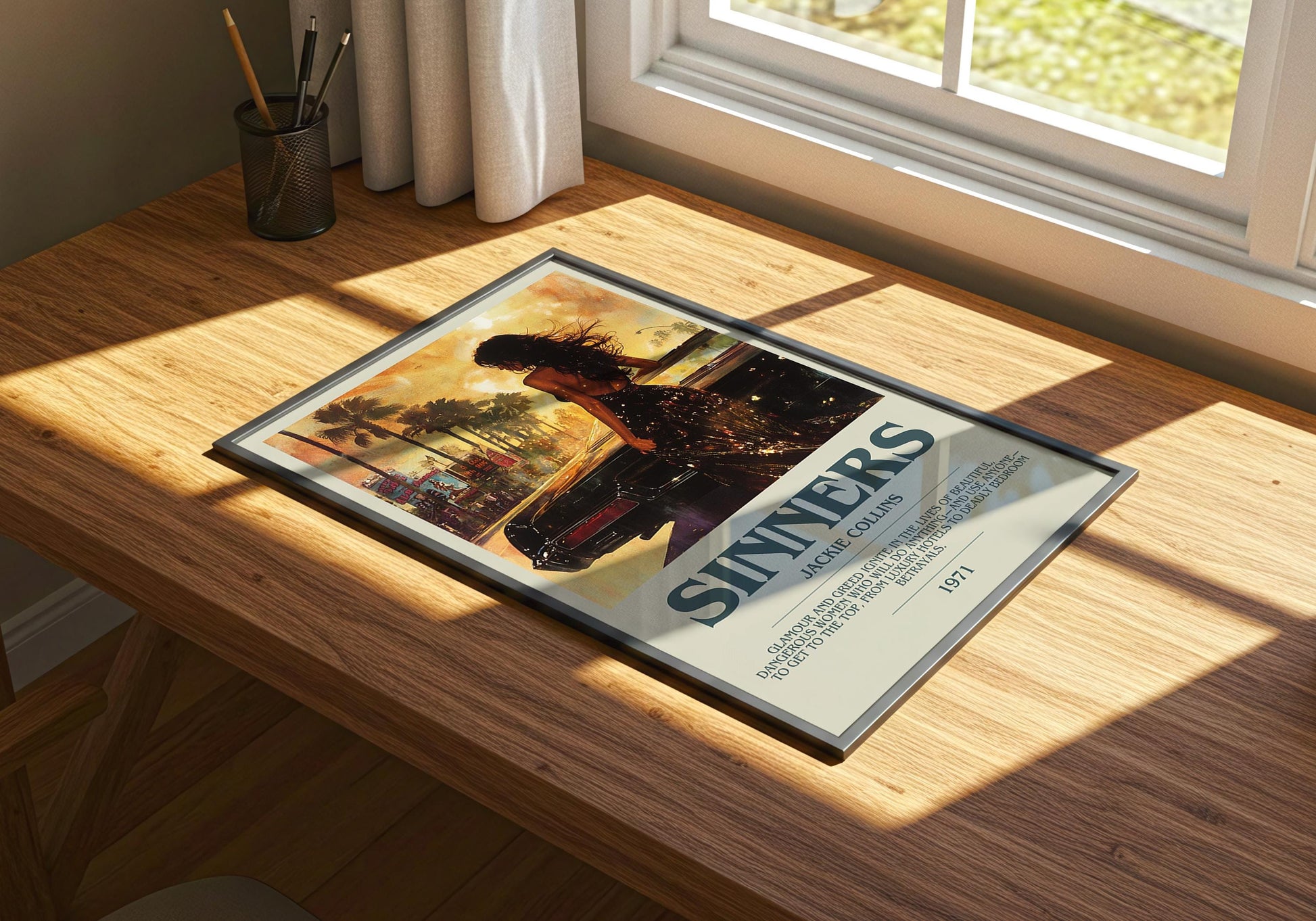 Sinners by Jackie Collins Descriptive Poster Print. Free Delivery Wall Art Author & Blurb Book Artwork Novel