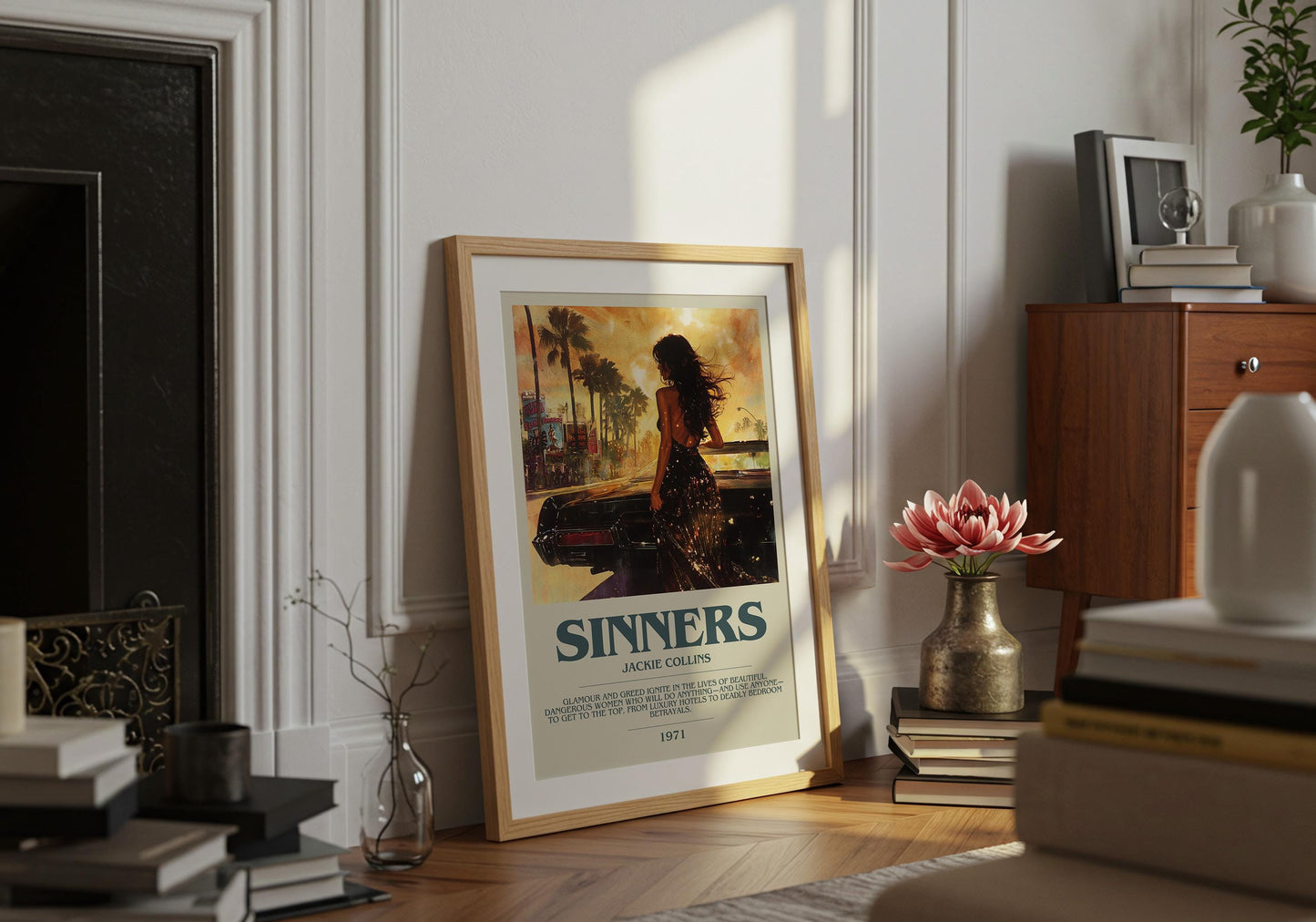 Sinners by Jackie Collins Descriptive Poster Print. Free Delivery Wall Art Author & Blurb Book Artwork Novel