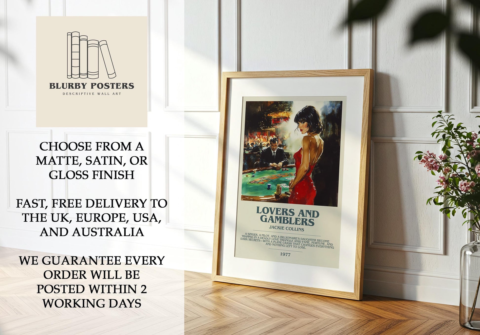 Lovers and Gamblers by Jackie Collins Descriptive Poster Print. Free Delivery Wall Art Author & Blurb Book Artwork Novel