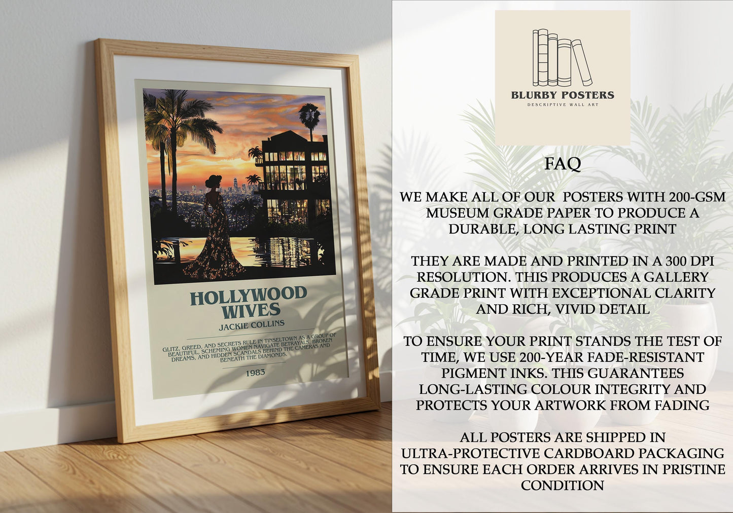 Hollywood Wives by Jackie Collins Descriptive Poster Print. Free Delivery Wall Art Author & Blurb Book Artwork Novel