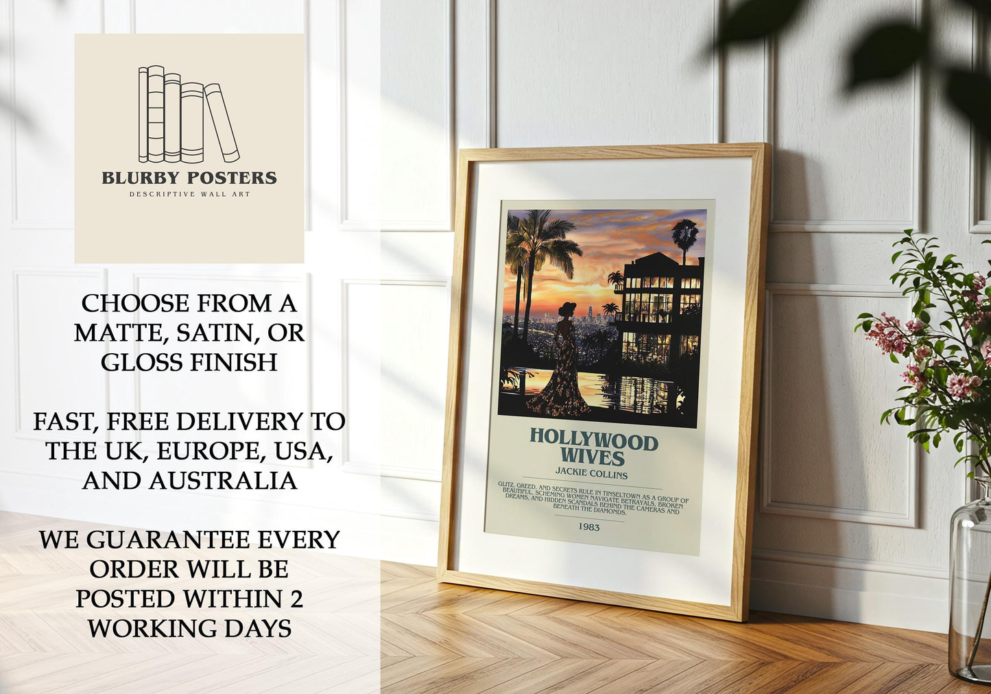 Hollywood Wives by Jackie Collins Descriptive Poster Print. Free Delivery Wall Art Author & Blurb Book Artwork Novel