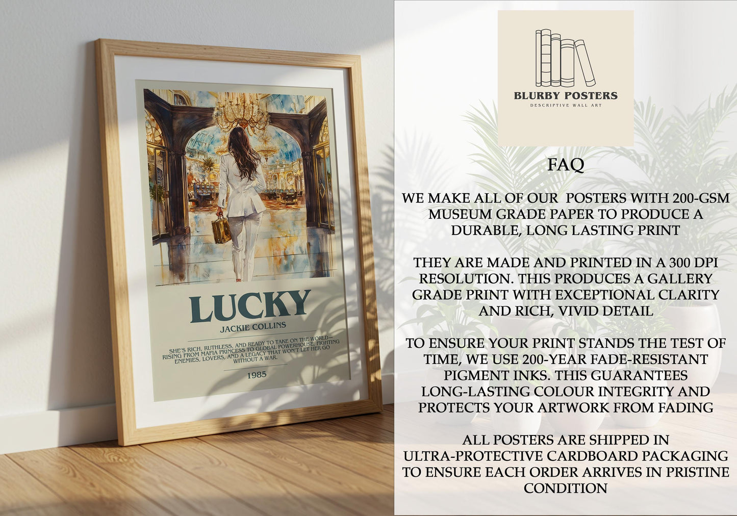 Lucky by Jackie Collins Descriptive Poster Print. Free Delivery Wall Art Author & Blurb Book Artwork Novel