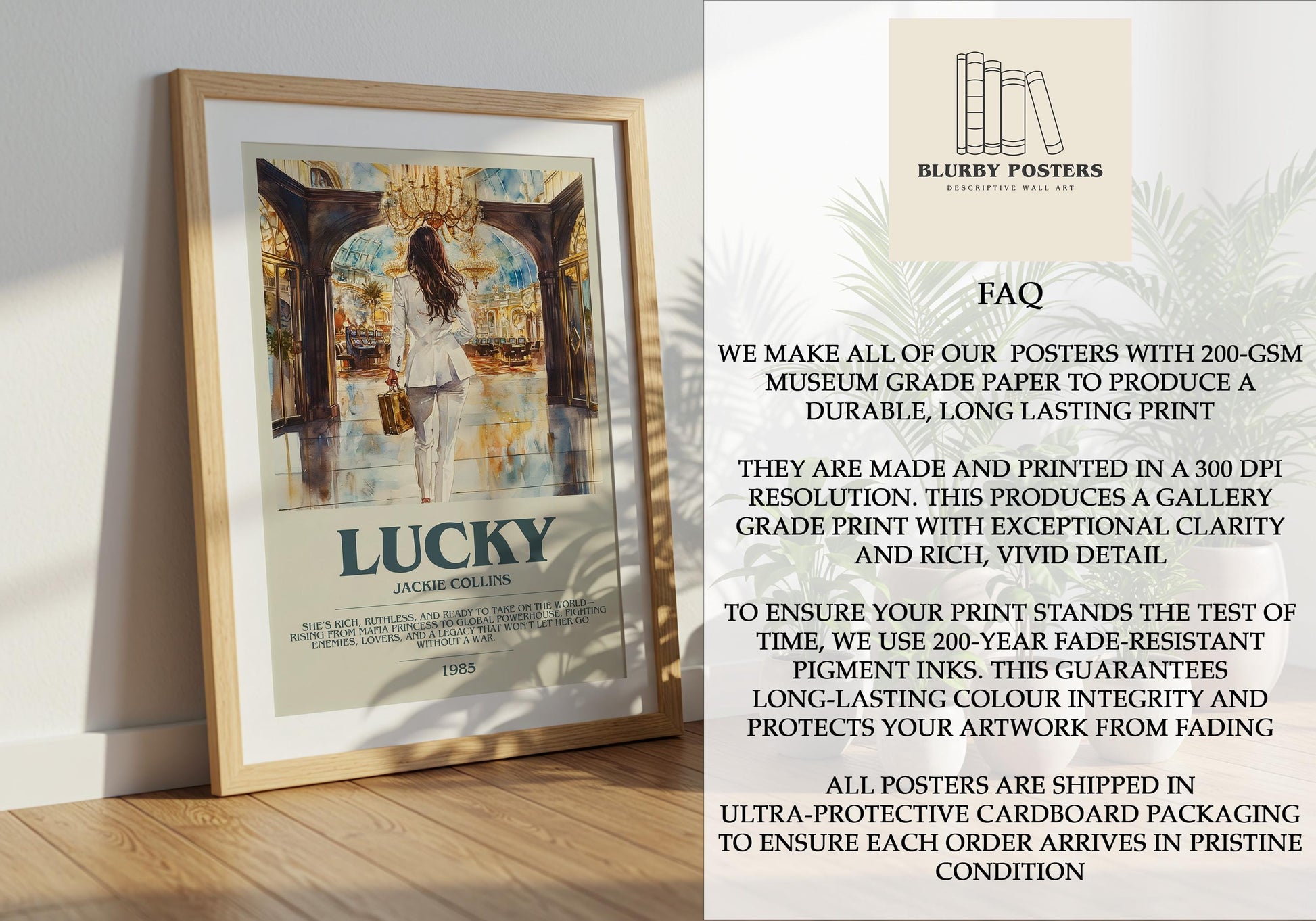 Lucky by Jackie Collins Descriptive Poster Print. Free Delivery Wall Art Author & Blurb Book Artwork Novel