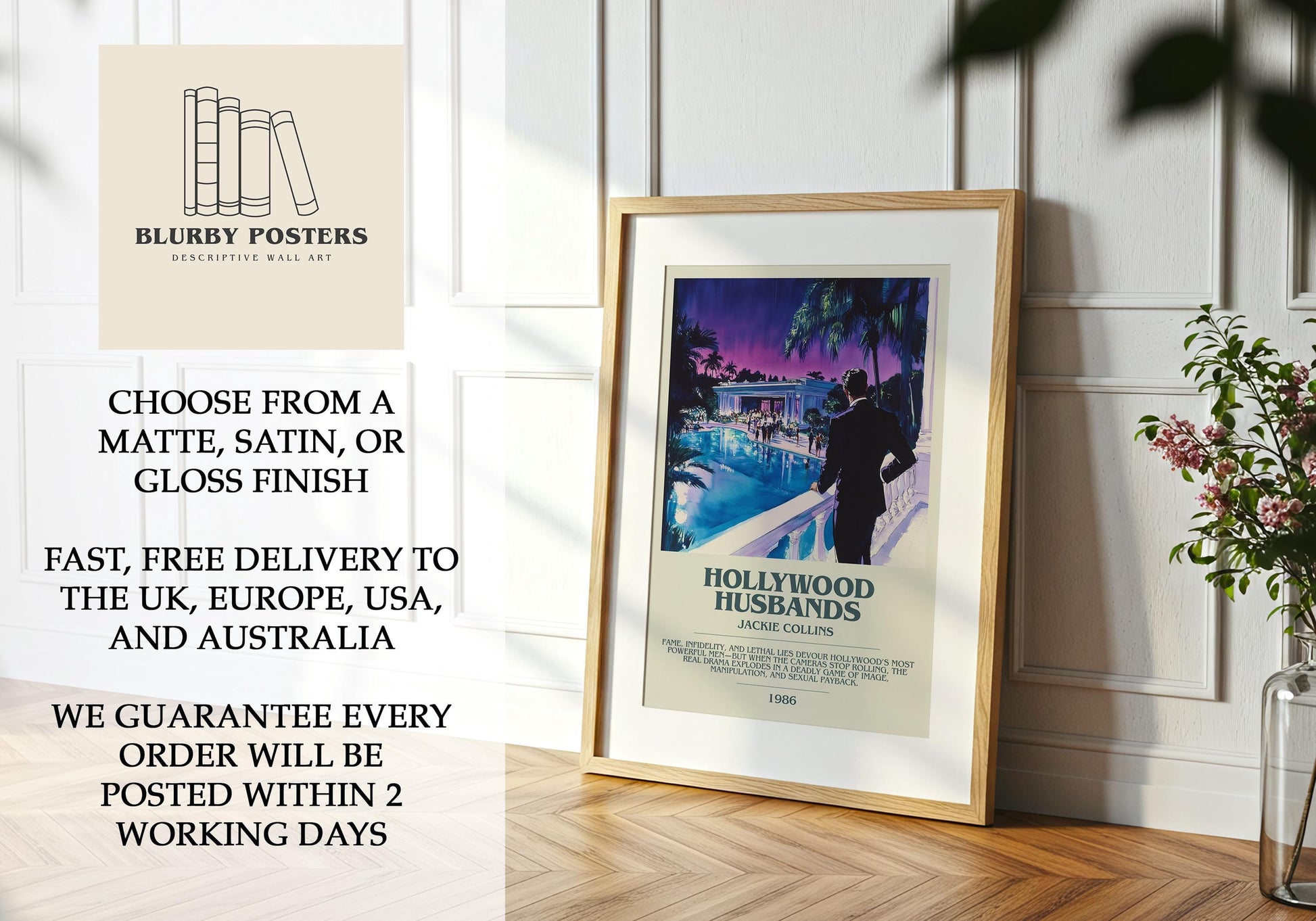 Hollywood Husbands by Jackie Collins Descriptive Poster Print. Free Delivery Wall Art Author & Blurb Book Artwork Novel