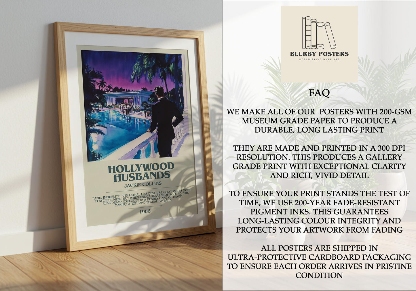 Hollywood Husbands by Jackie Collins Descriptive Poster Print. Free Delivery Wall Art Author & Blurb Book Artwork Novel