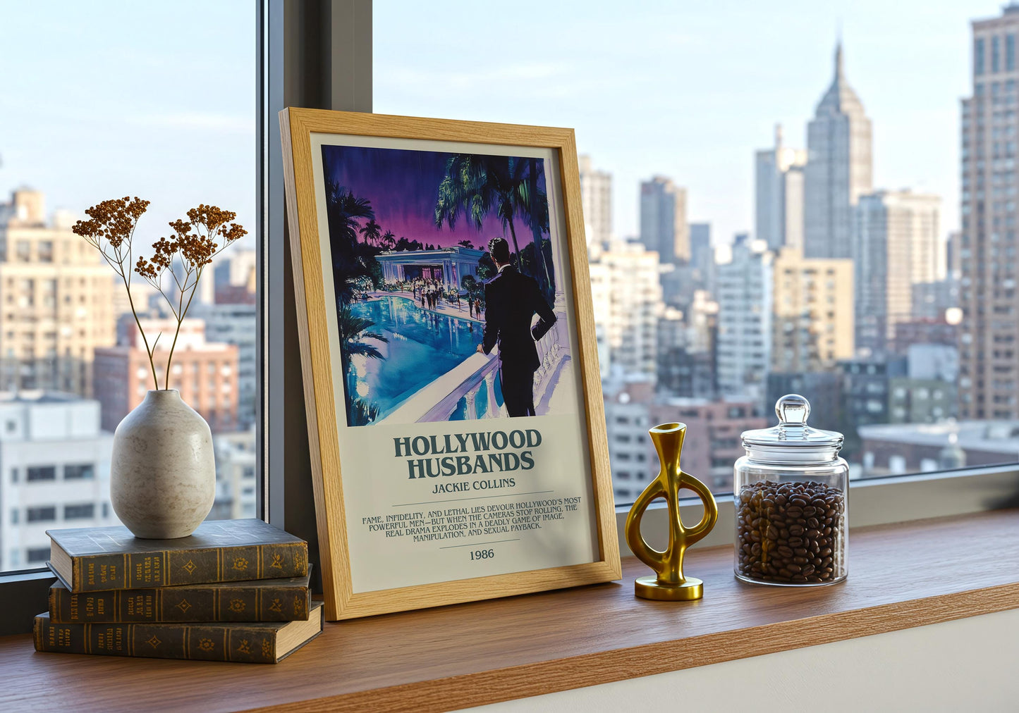 Hollywood Husbands by Jackie Collins Descriptive Poster Print. Free Delivery Wall Art Author & Blurb Book Artwork Novel