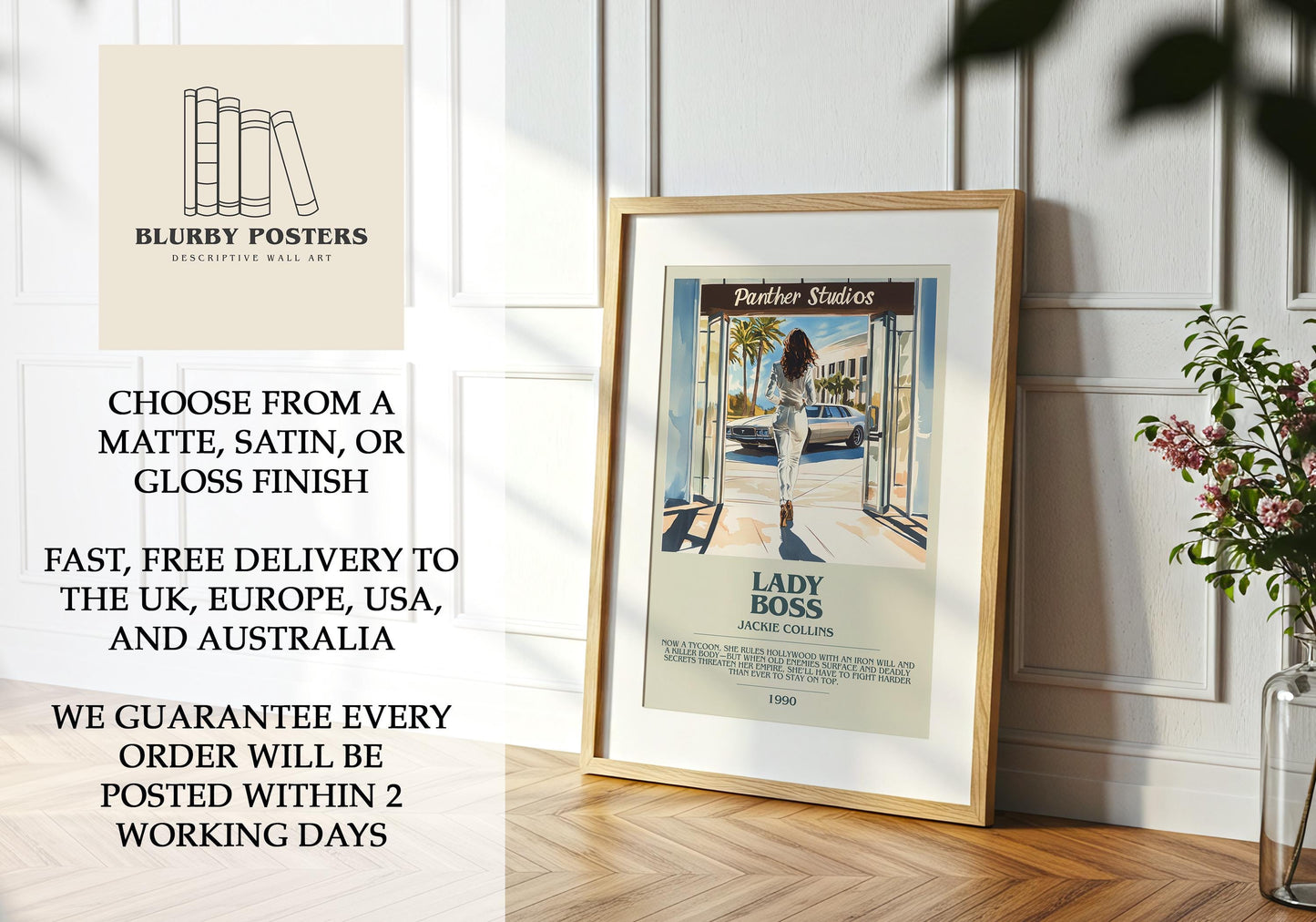 Lady Boss by Jackie Collins Descriptive Poster Print. Free Delivery Wall Art Author & Blurb Book Artwork Novel