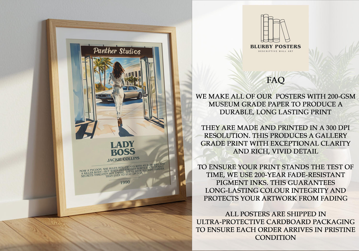 Lady Boss by Jackie Collins Descriptive Poster Print. Free Delivery Wall Art Author & Blurb Book Artwork Novel
