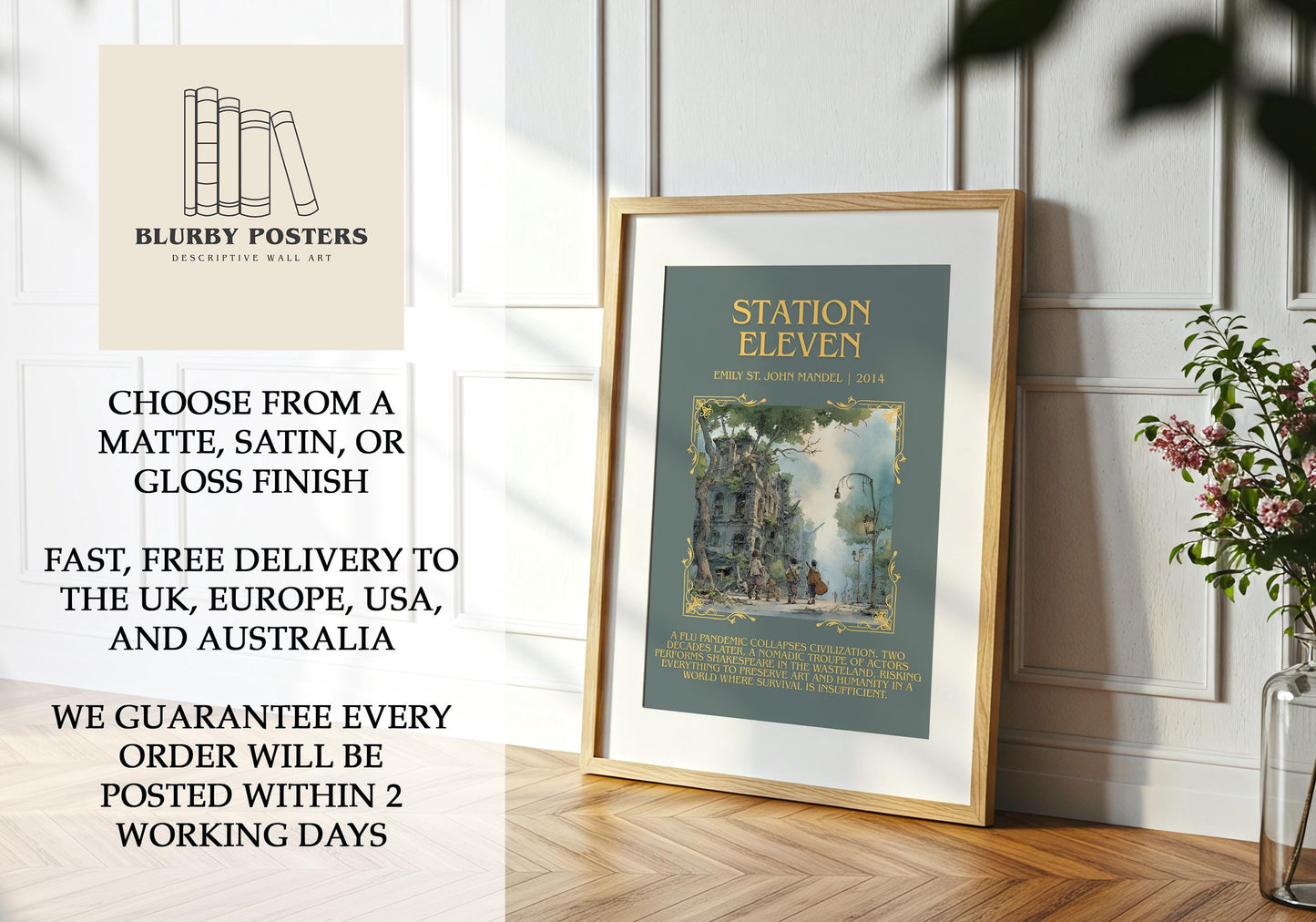 Station Eleven by Emily St. John Mandel Descriptive Poster Print.Free Delivery Wall Art Author&Blurb Book Artwork Novel Poster