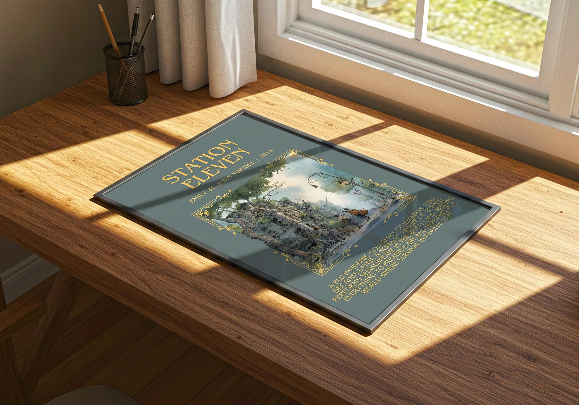 Station Eleven by Emily St. John Mandel Descriptive Poster Print.Free Delivery Wall Art Author&Blurb Book Artwork Novel Poster