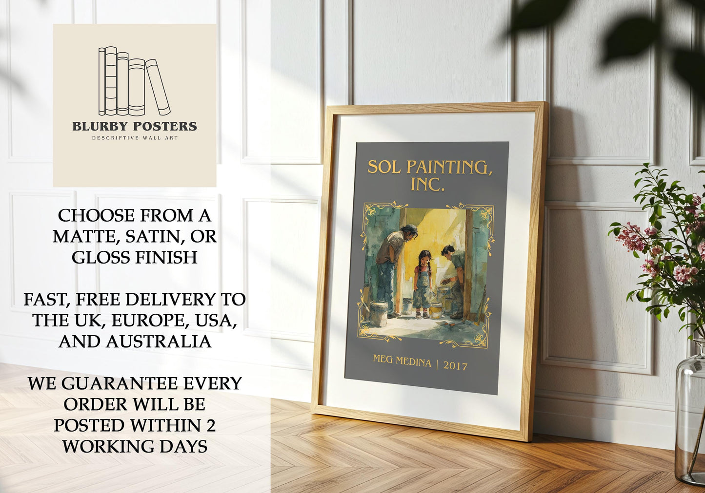 Sol Painting, Inc. by Meg Medina Descriptive Poster Print.Free Delivery Wall Art Author&Blurb Book Artwork Novel Poster