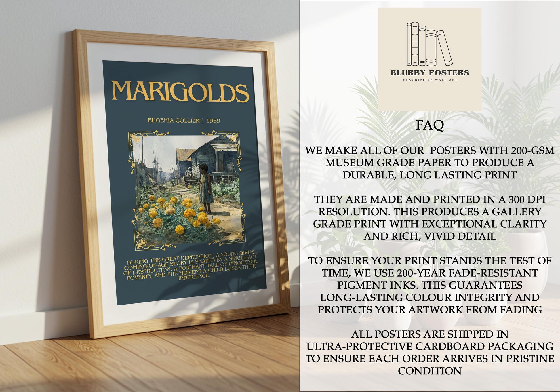 Marigolds By Eugenia Collier Descriptive Poster Print.Free Delivery Wall Art Author&Blurb Book Artwork Novel Poster