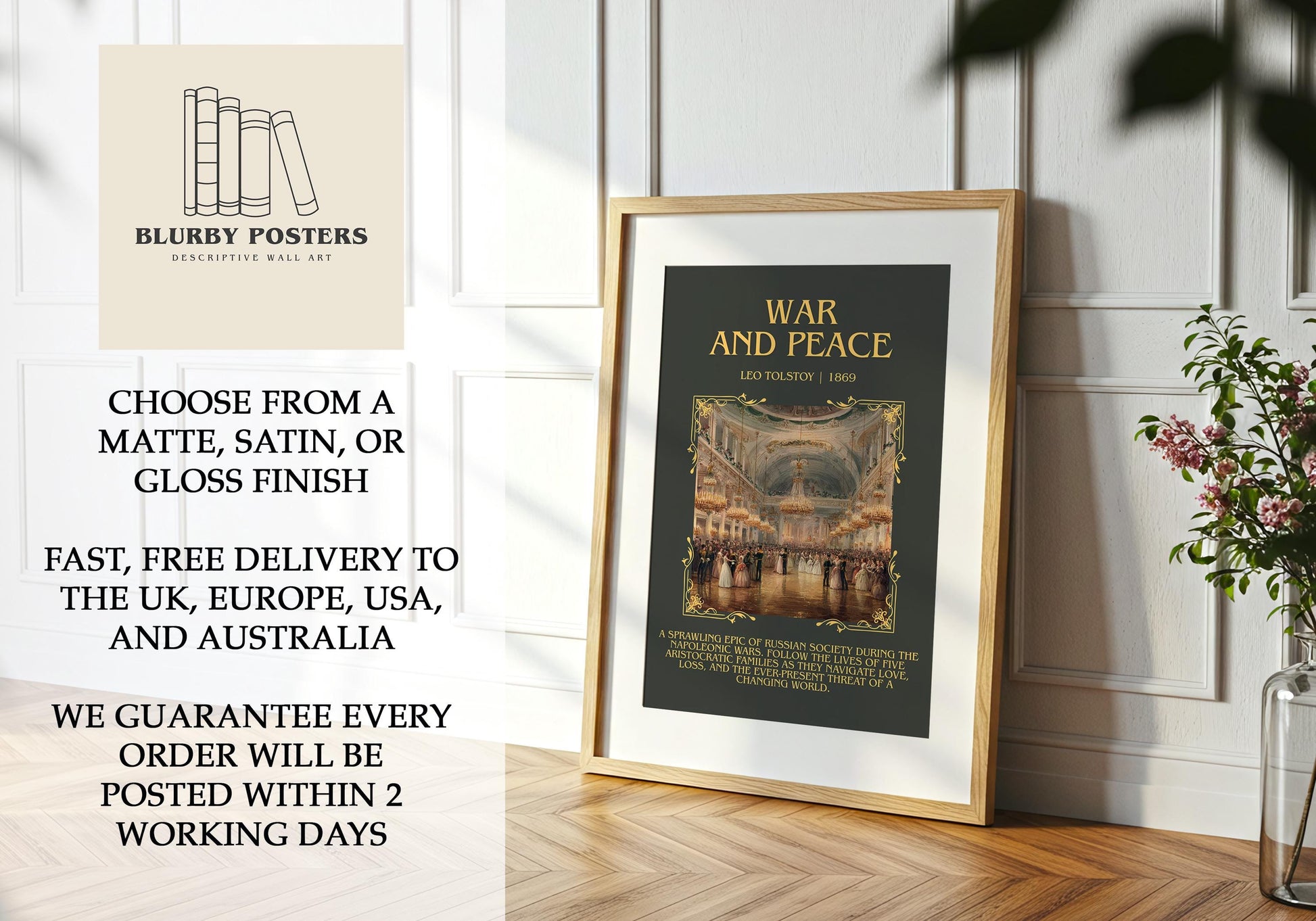 War And Peace by Leo Tolstoy Descriptive Poster Print.Free Delivery Wall Art Author&Blurb Book Artwork Novel Poster