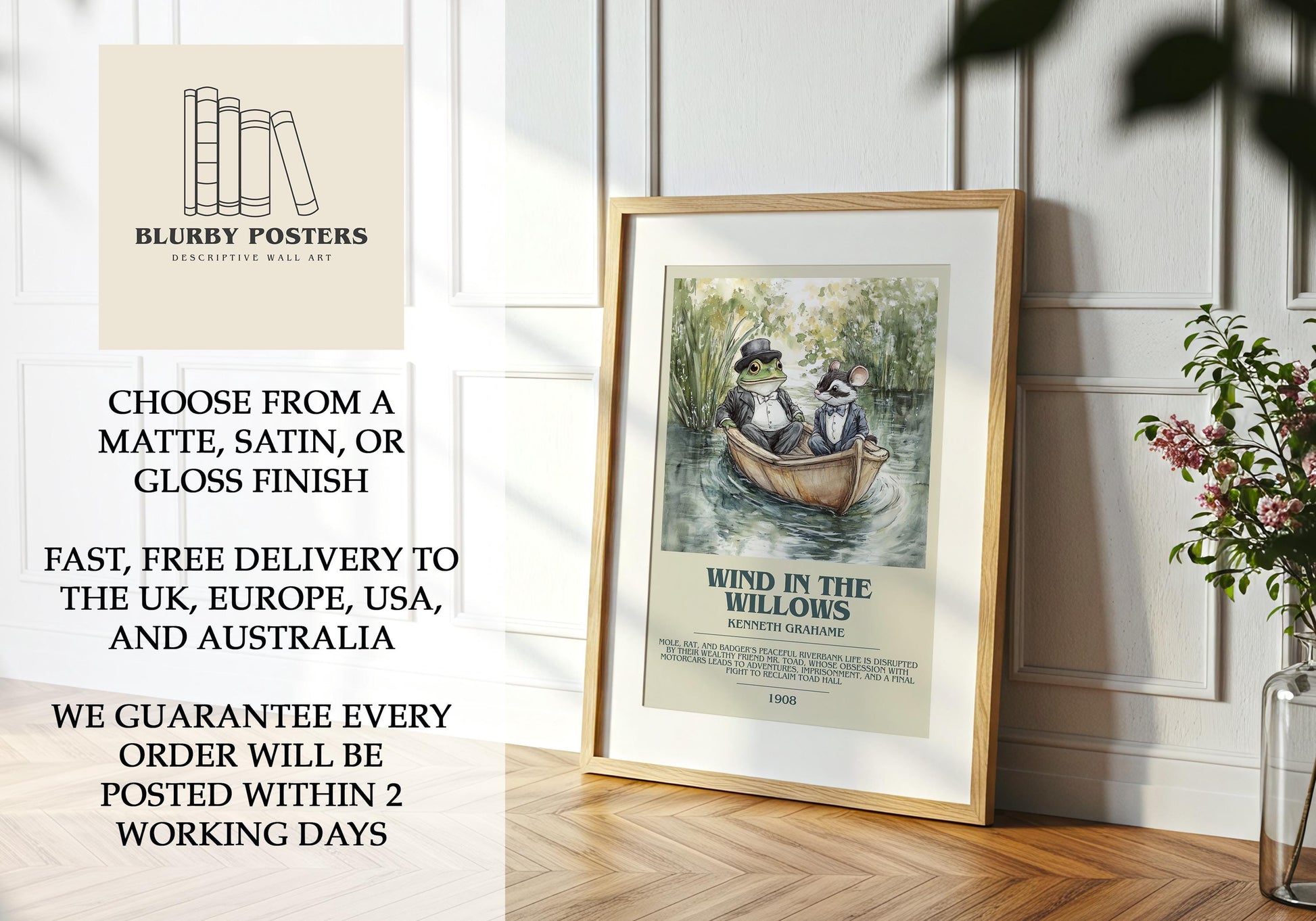 Wind in the Willows by Kenneth Grahame Descriptive Poster Print. Free Delivery Wall Art Author & Blurb Book Artwork Novel Modern Poster Gift