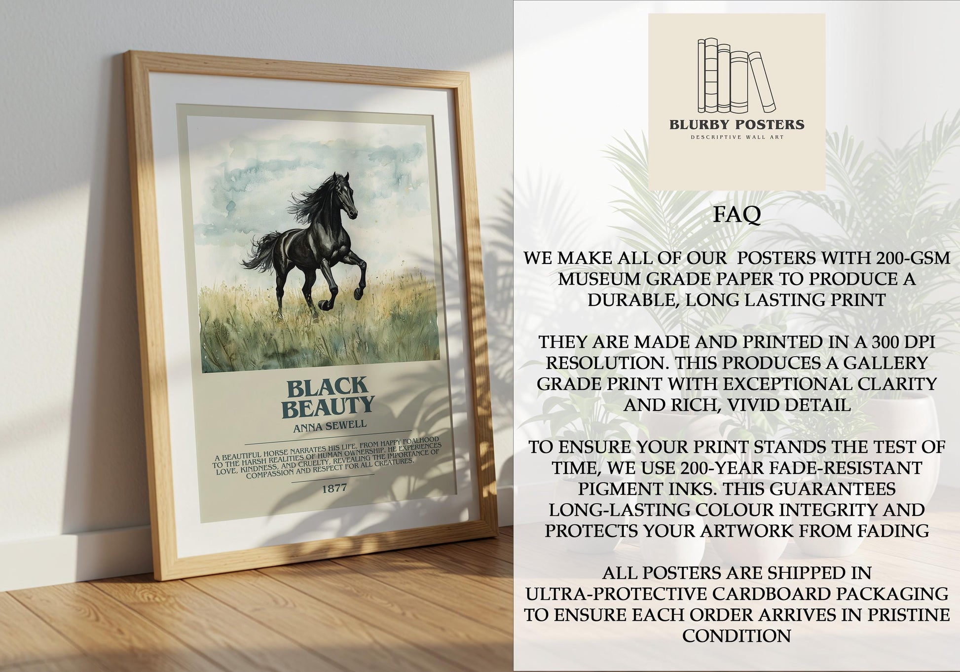 Black Beauty by Anna Sewell Descriptive Poster Print. Free Delivery Wall Art Author & Blurb Book Artwork Novel Modern Poster Gift