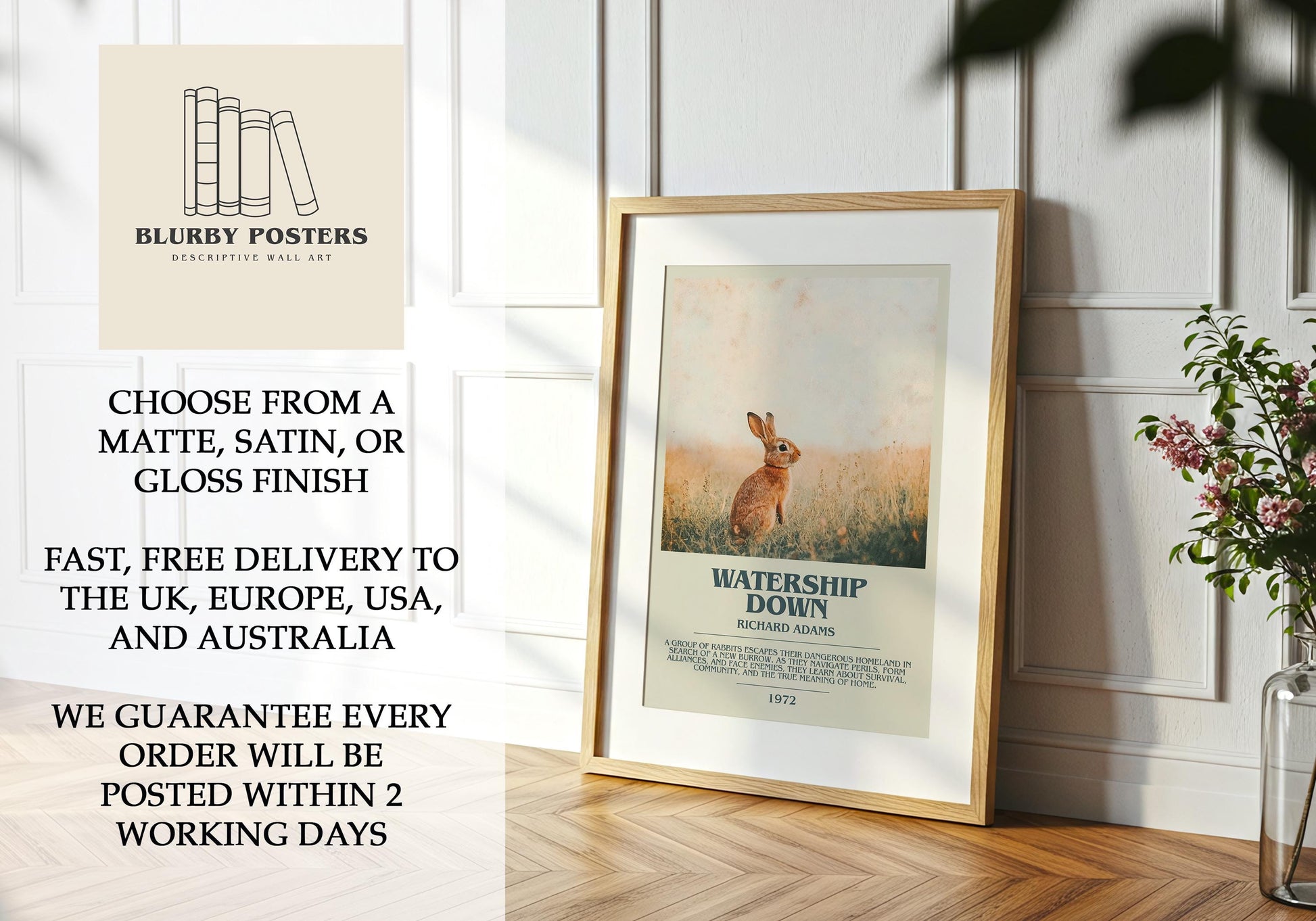 Watership Down by Richard Adams Descriptive Poster Print. Free Delivery Wall Art Author & Blurb Book Artwork Novel Modern Poster Gift