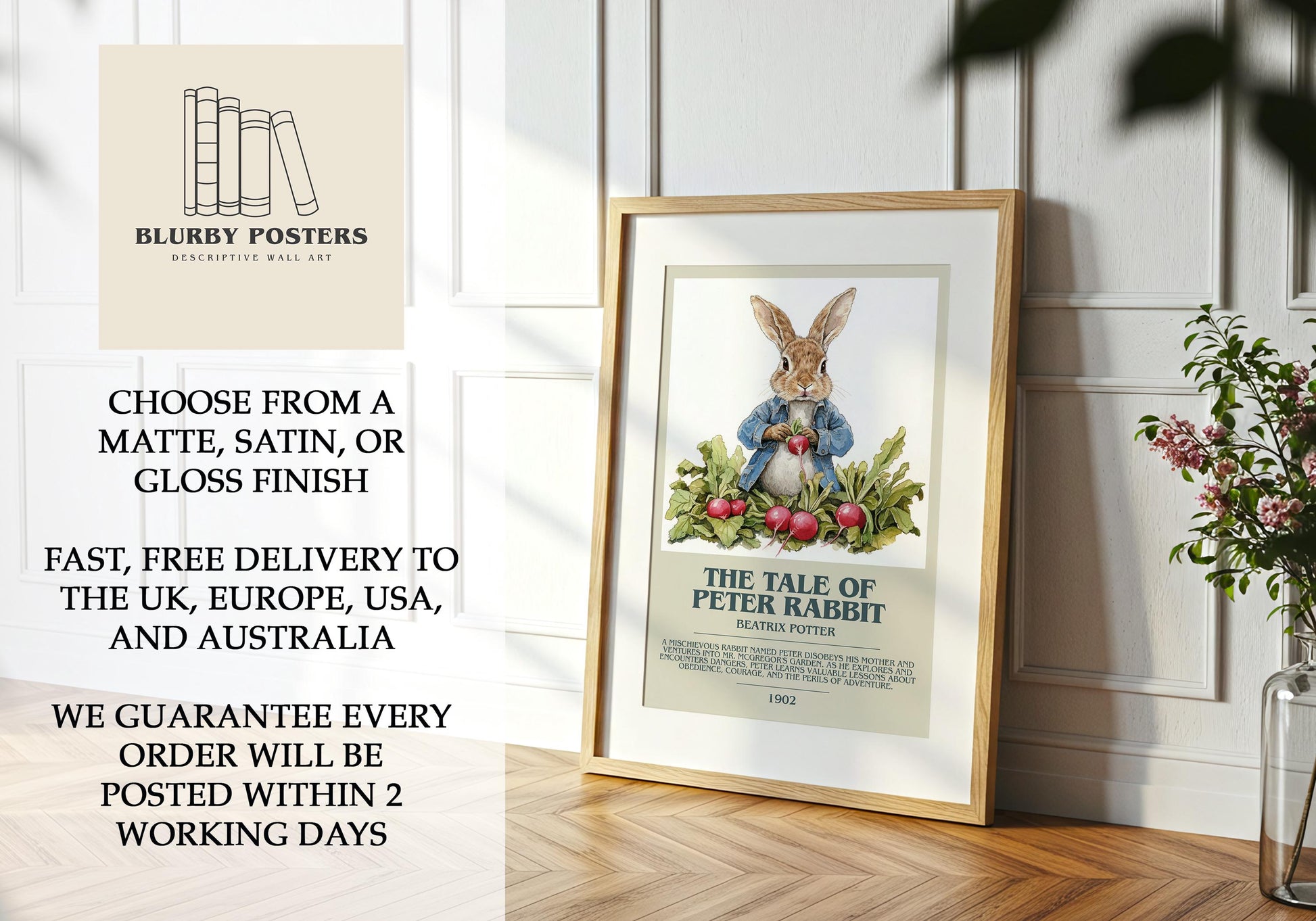 The Tale Of Peter Rabbit by Beatrix Potter Descriptive Poster Print. Free Delivery Wall Art Author & Blurb Book Artwork Novel Modern Poster