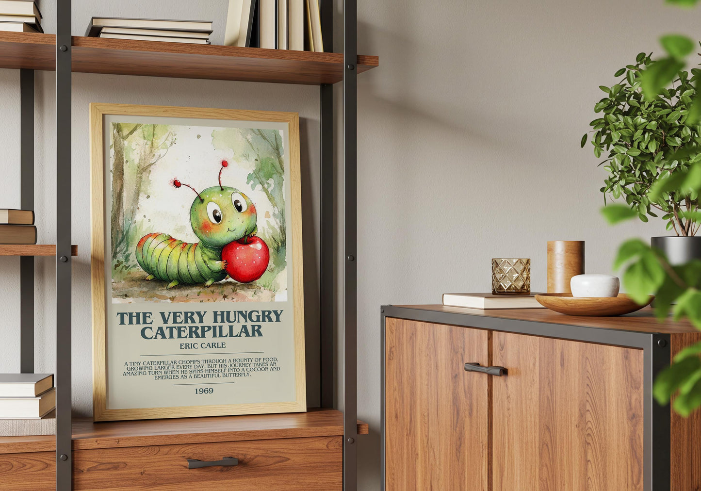 The Very Hungry Caterpillar by Eric Carle Descriptive Poster Print. Free Delivery Wall Art Author & Blurb Book Artwork Novel Modern Poster