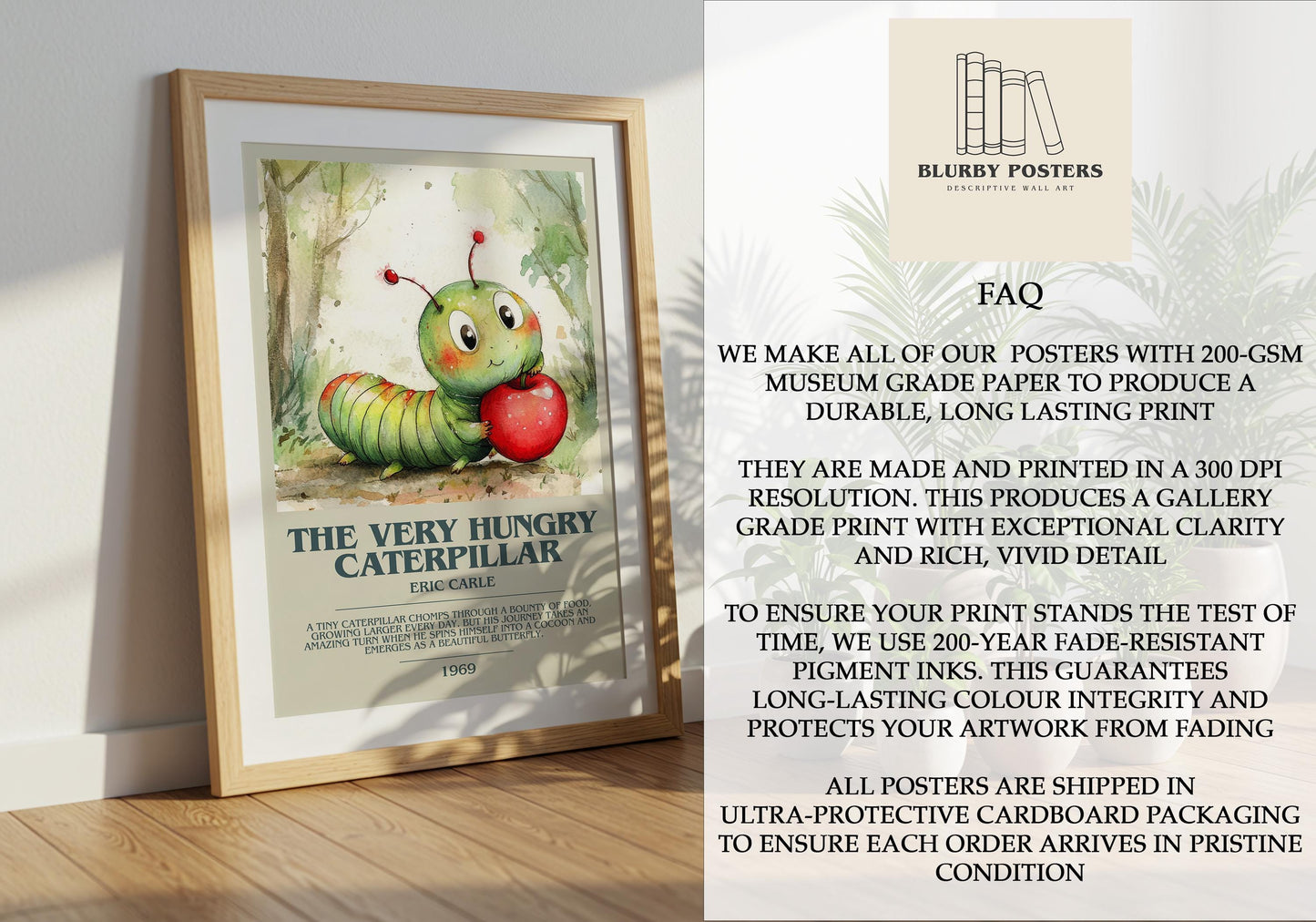 The Very Hungry Caterpillar by Eric Carle Descriptive Poster Print. Free Delivery Wall Art Author & Blurb Book Artwork Novel Modern Poster