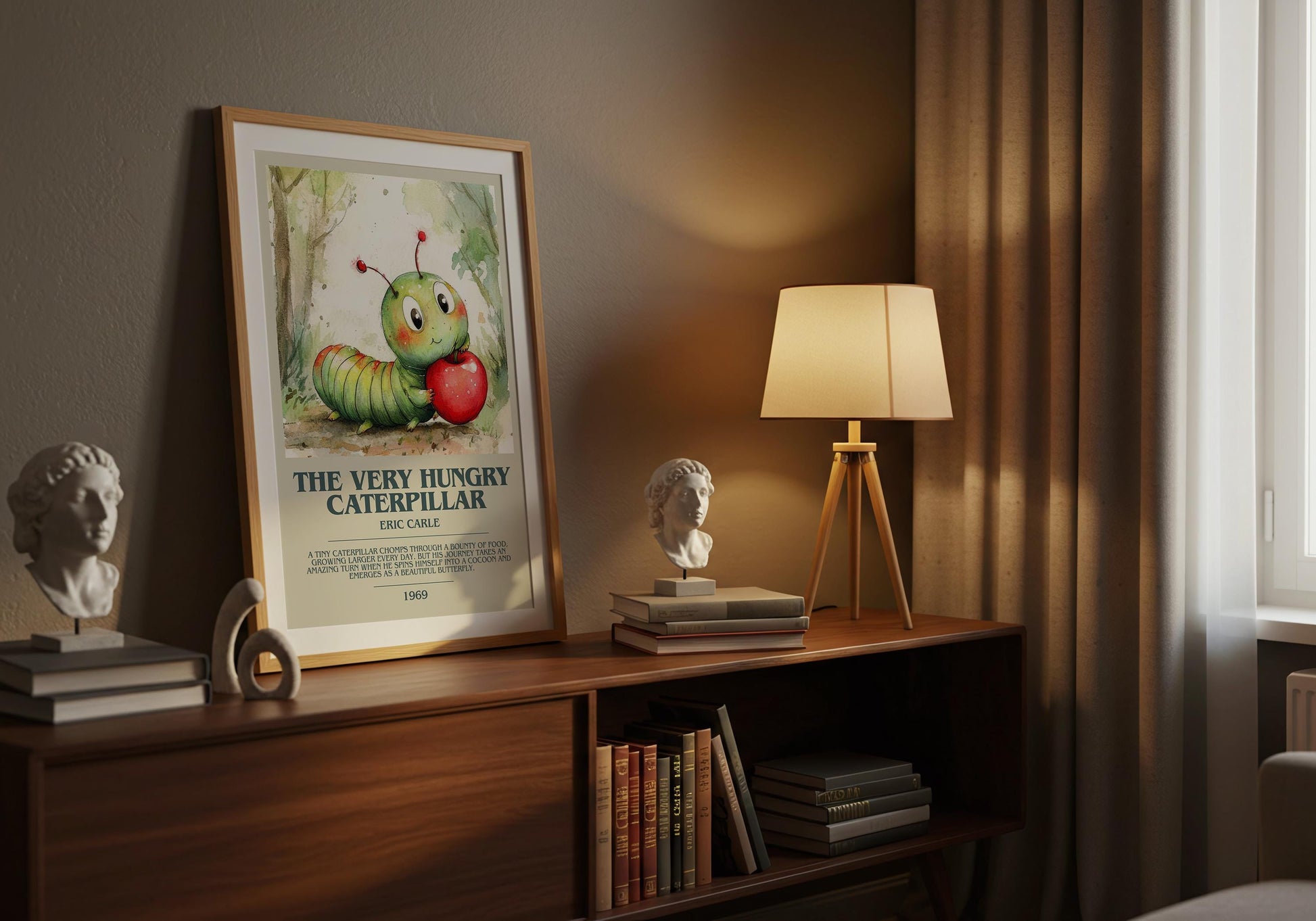 The Very Hungry Caterpillar by Eric Carle Descriptive Poster Print. Free Delivery Wall Art Author & Blurb Book Artwork Novel Modern Poster
