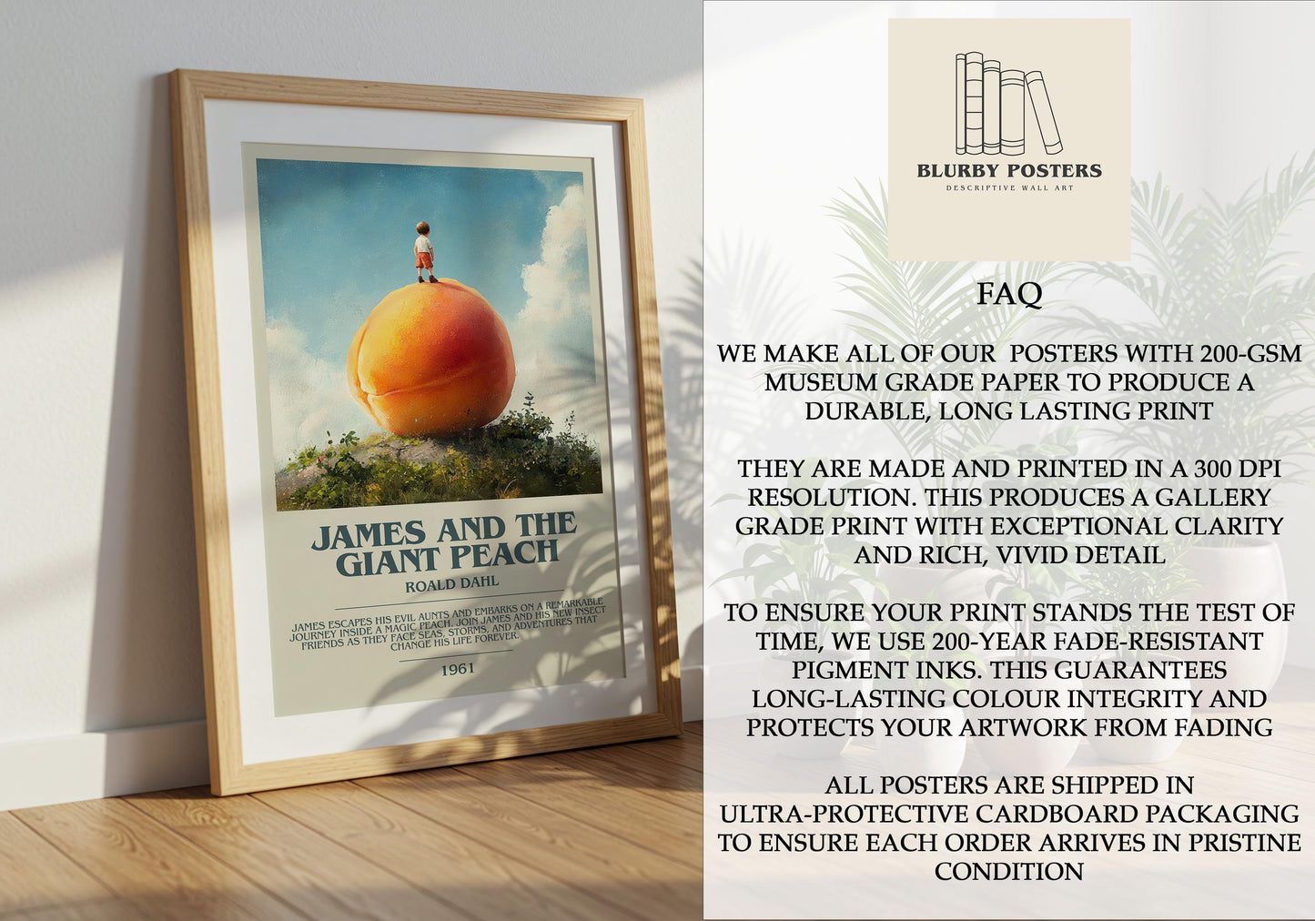 James and the Giant Peach by Roald Dahl Descriptive Poster Print. Free Delivery Wall Art Author & Blurb Book Artwork Novel Modern Poster