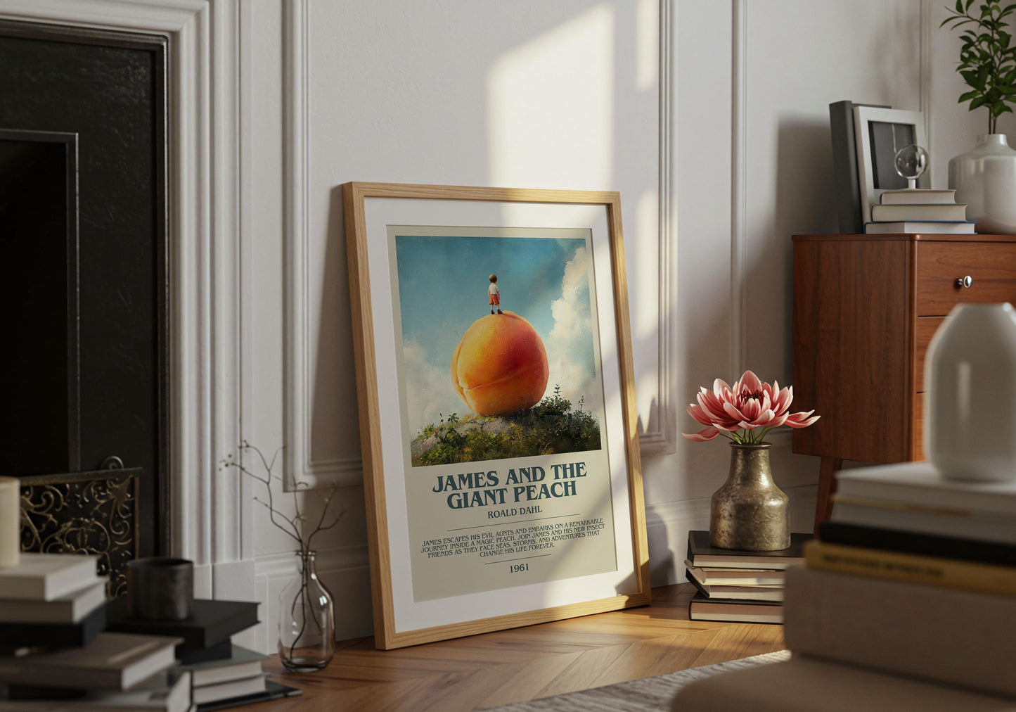 James and the Giant Peach by Roald Dahl Descriptive Poster Print. Free Delivery Wall Art Author & Blurb Book Artwork Novel Modern Poster